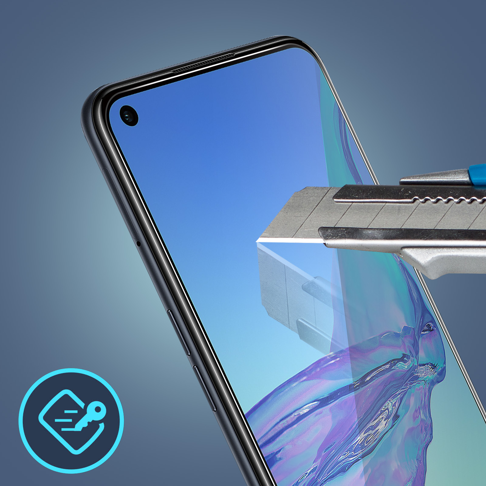 Écran de téléphone coupé avec un cutter. Le téléphone a un écran bleu.