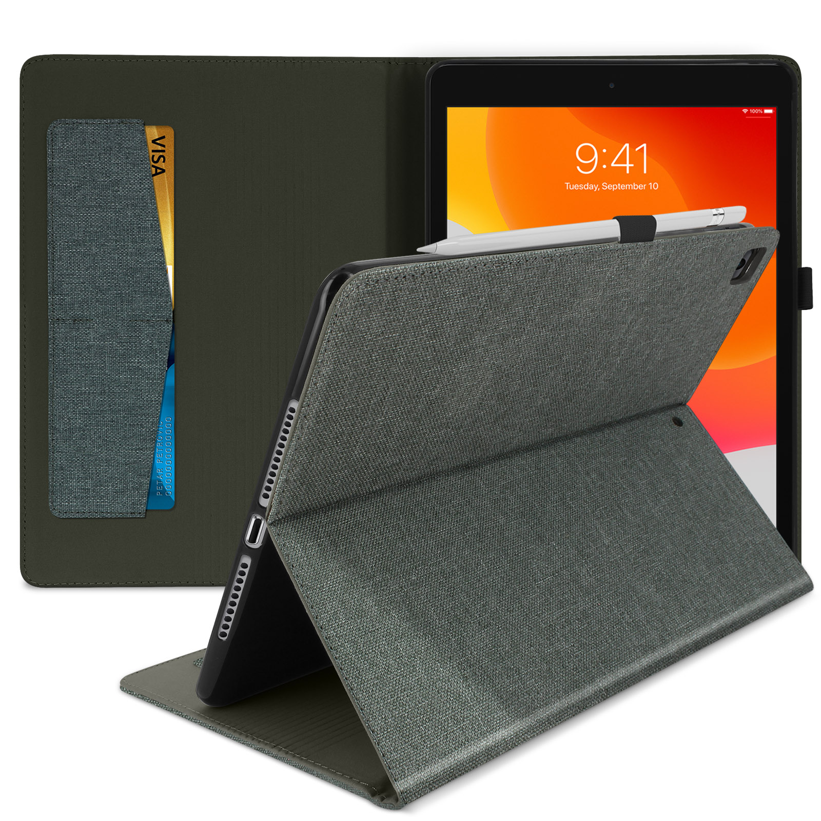 Tablet in custodia verde con fessura per carte, carta e stilo.