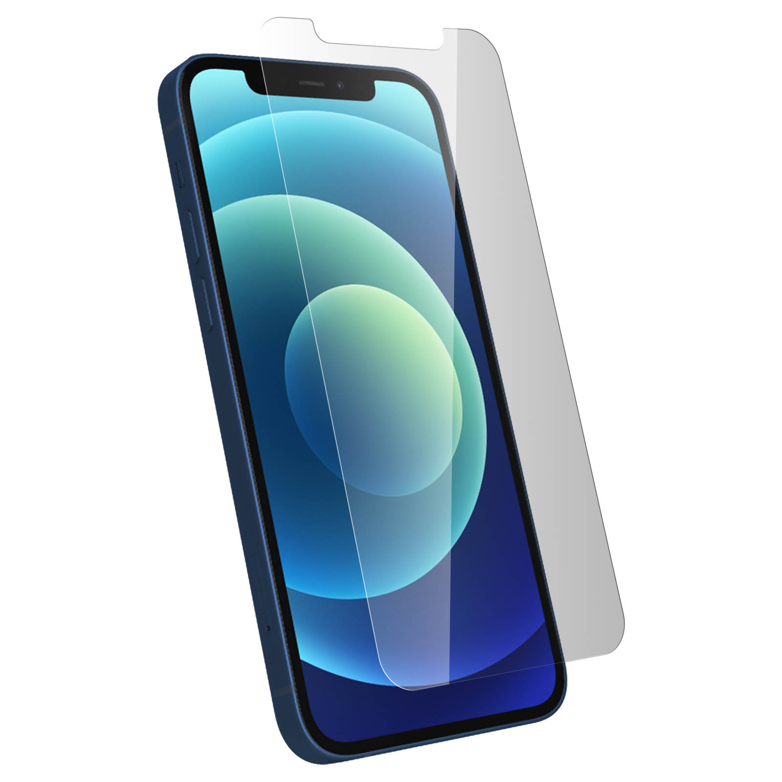 Telefono blu con protezione schermo applicata. Sfondo bianco.