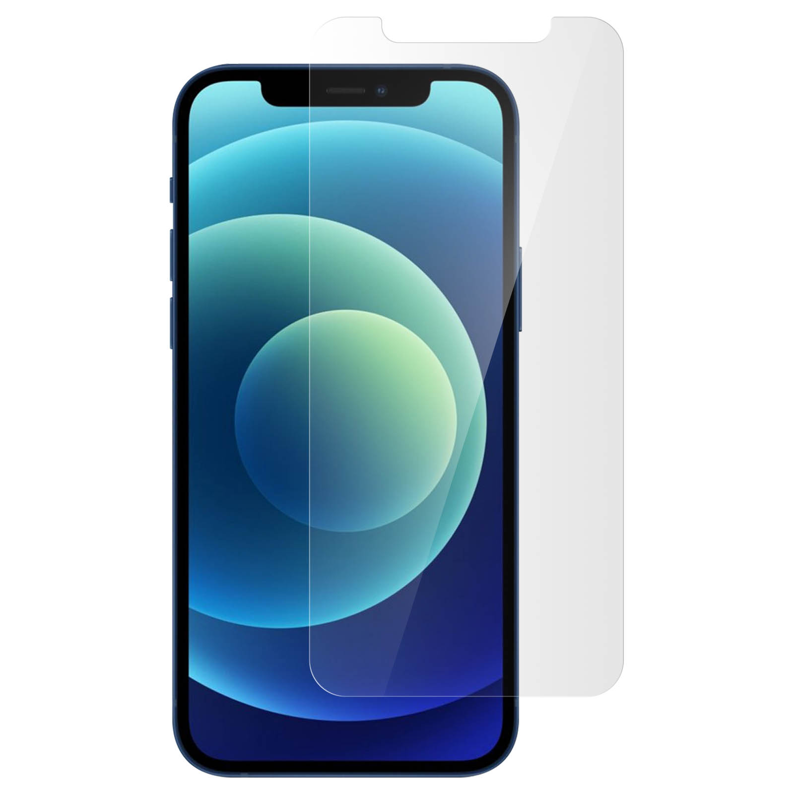 Un telefono blu con una protezione per lo schermo accanto. Il telefono ha una cornice blu.