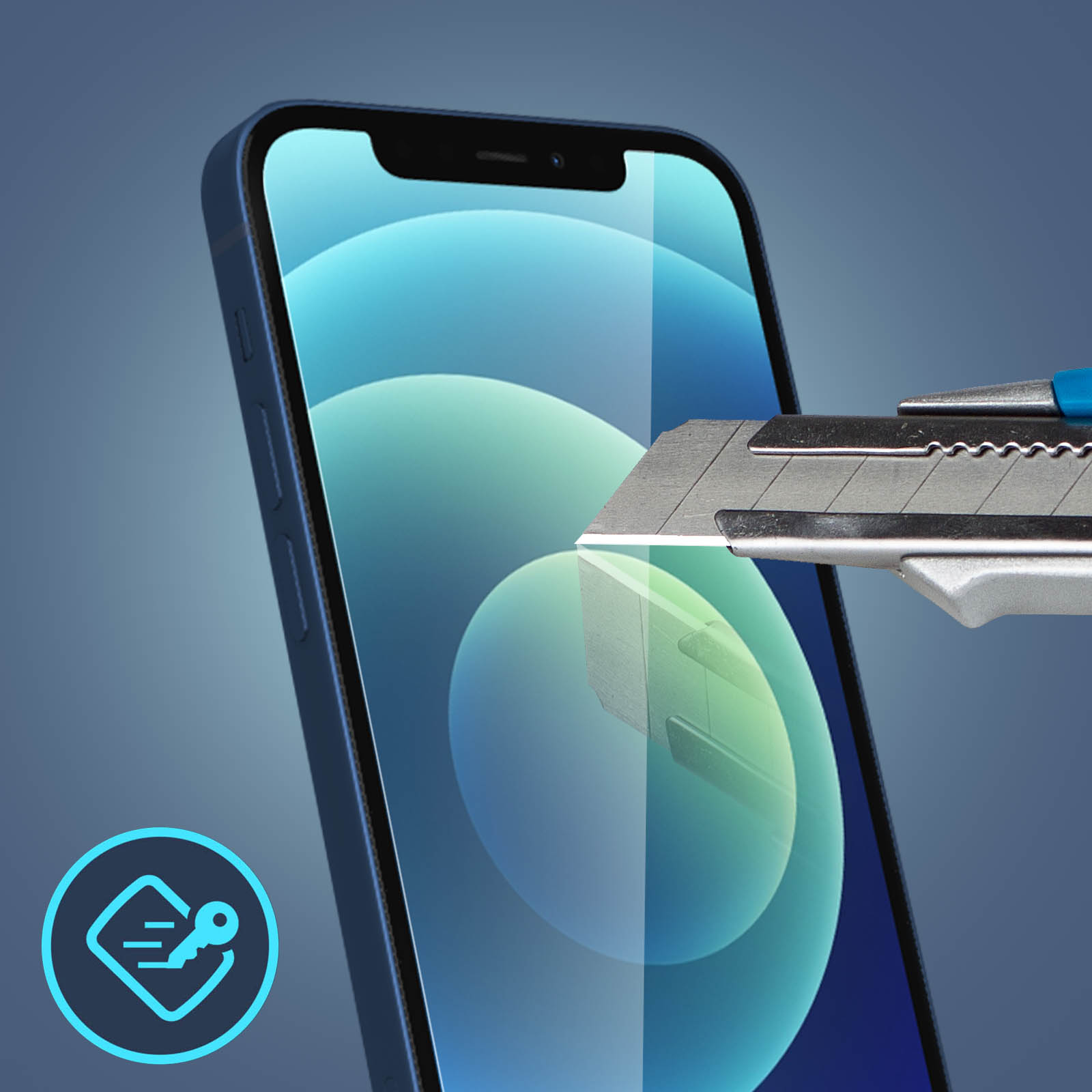 Un coltello taglia uno schermo del telefono, con una protezione per lo schermo blu davanti a uno sfondo blu.