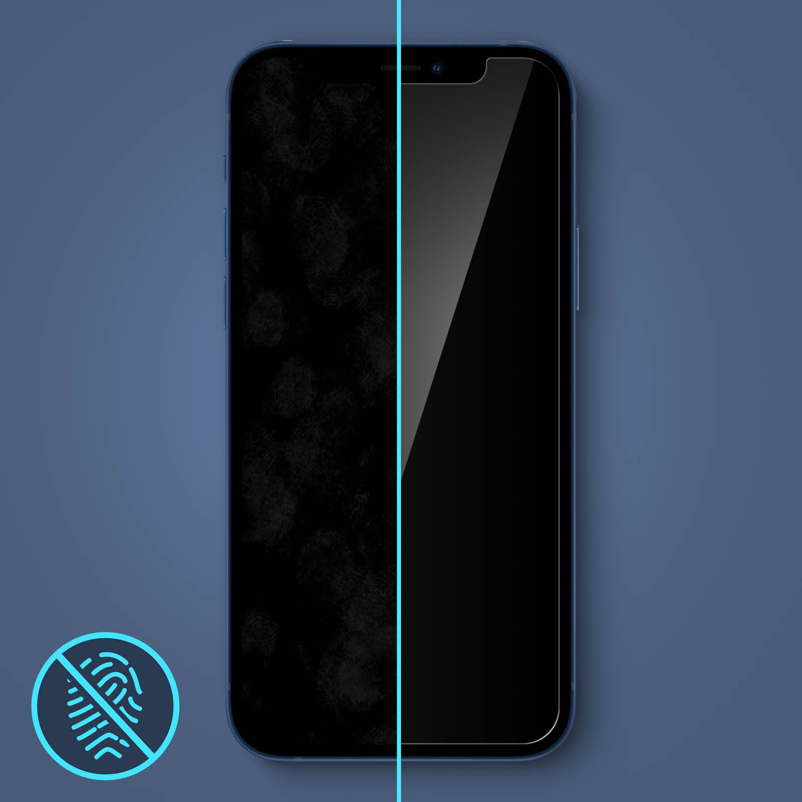 Smartphone con protezione dalle impronte digitali su sfondo blu.