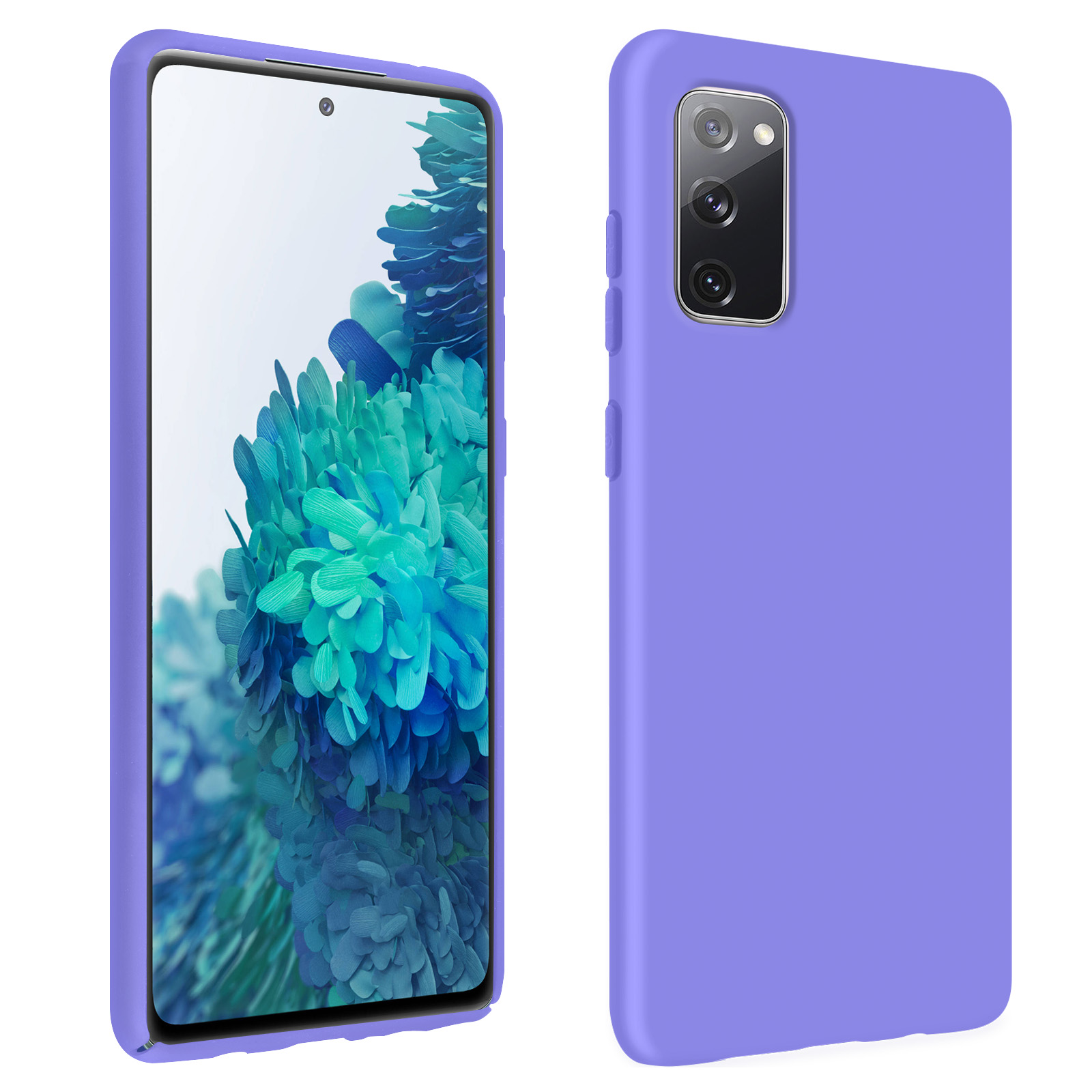 Paarse telefoonhoes op een telefoon met een groen scherm.