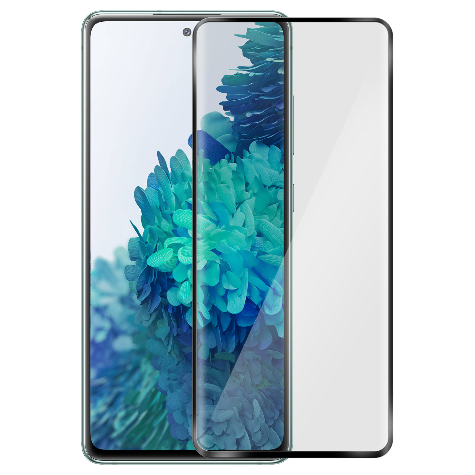 Viene mostrato un telefono con una protezione per lo schermo. Lo schermo mostra un disegno floreale blu. La protezione è trasparente e lucida.