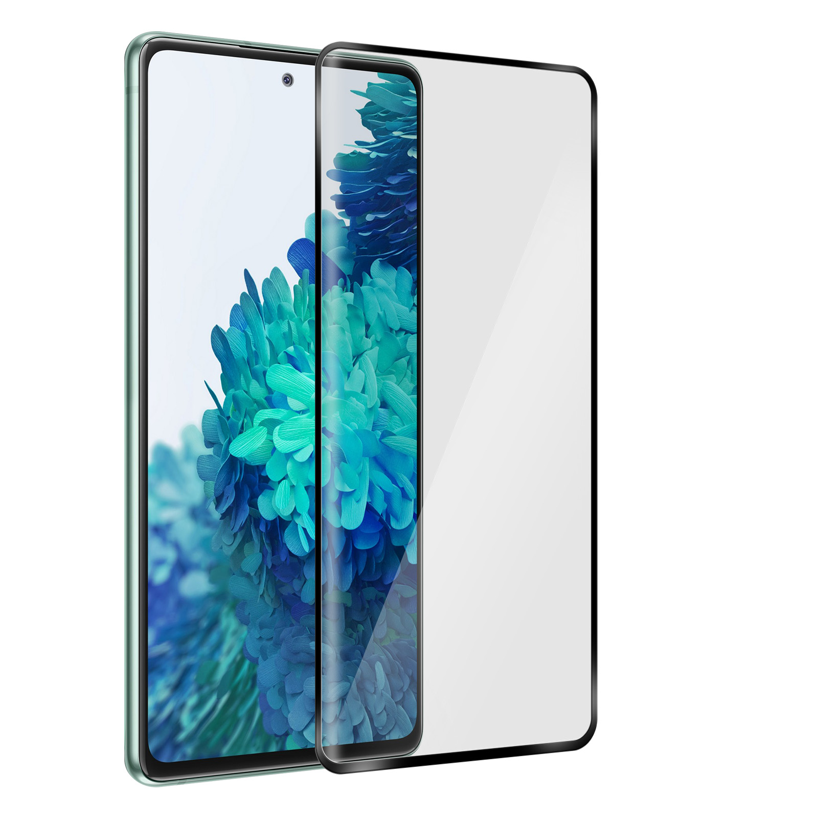 Un telefono con protezione schermo. Il telefono è verde e lo schermo mostra motivi floreali blu.