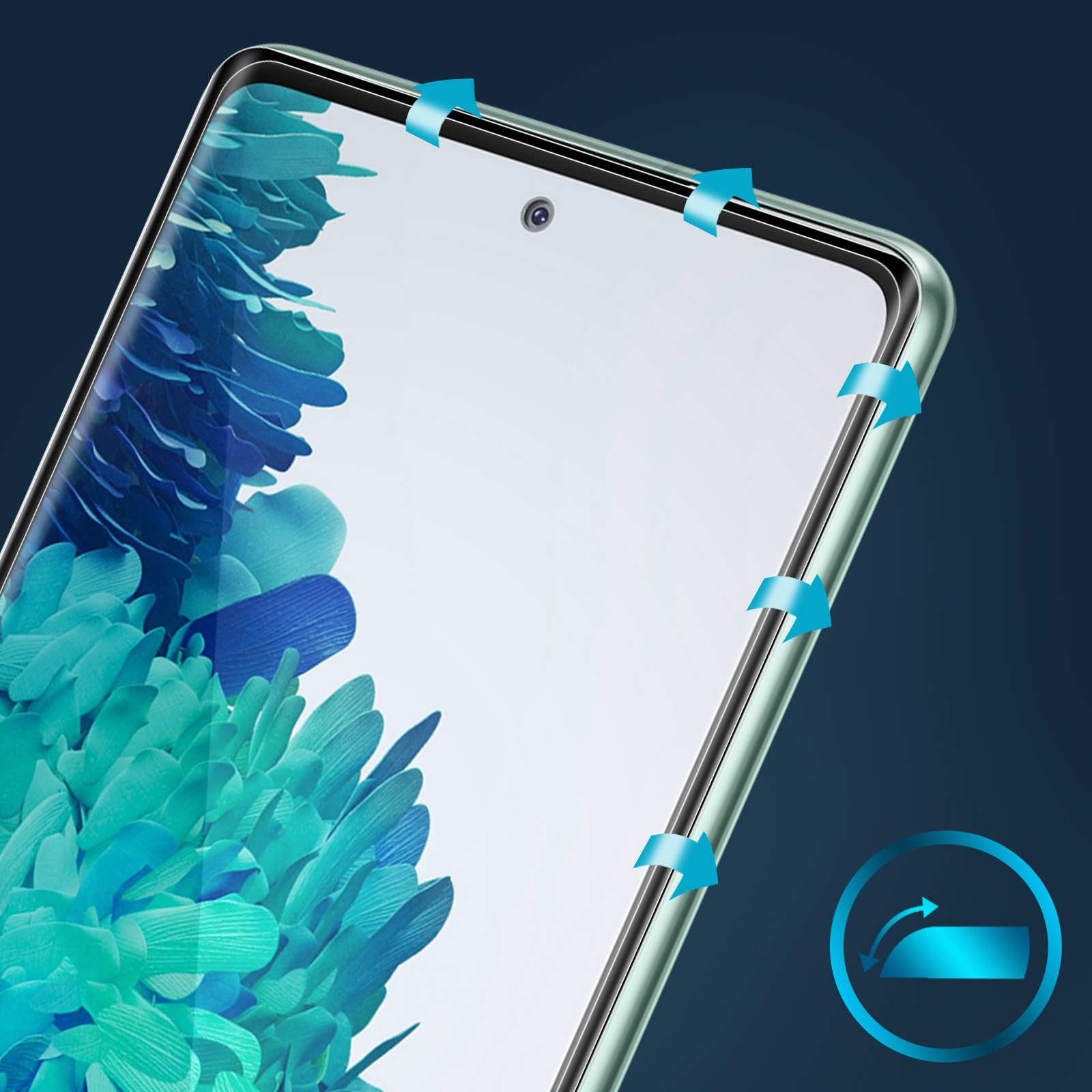 L'immagine mostra l'applicazione di una protezione per schermo per smartphone. Frecce blu indicano la direzione. Lo sfondo è sfumato.