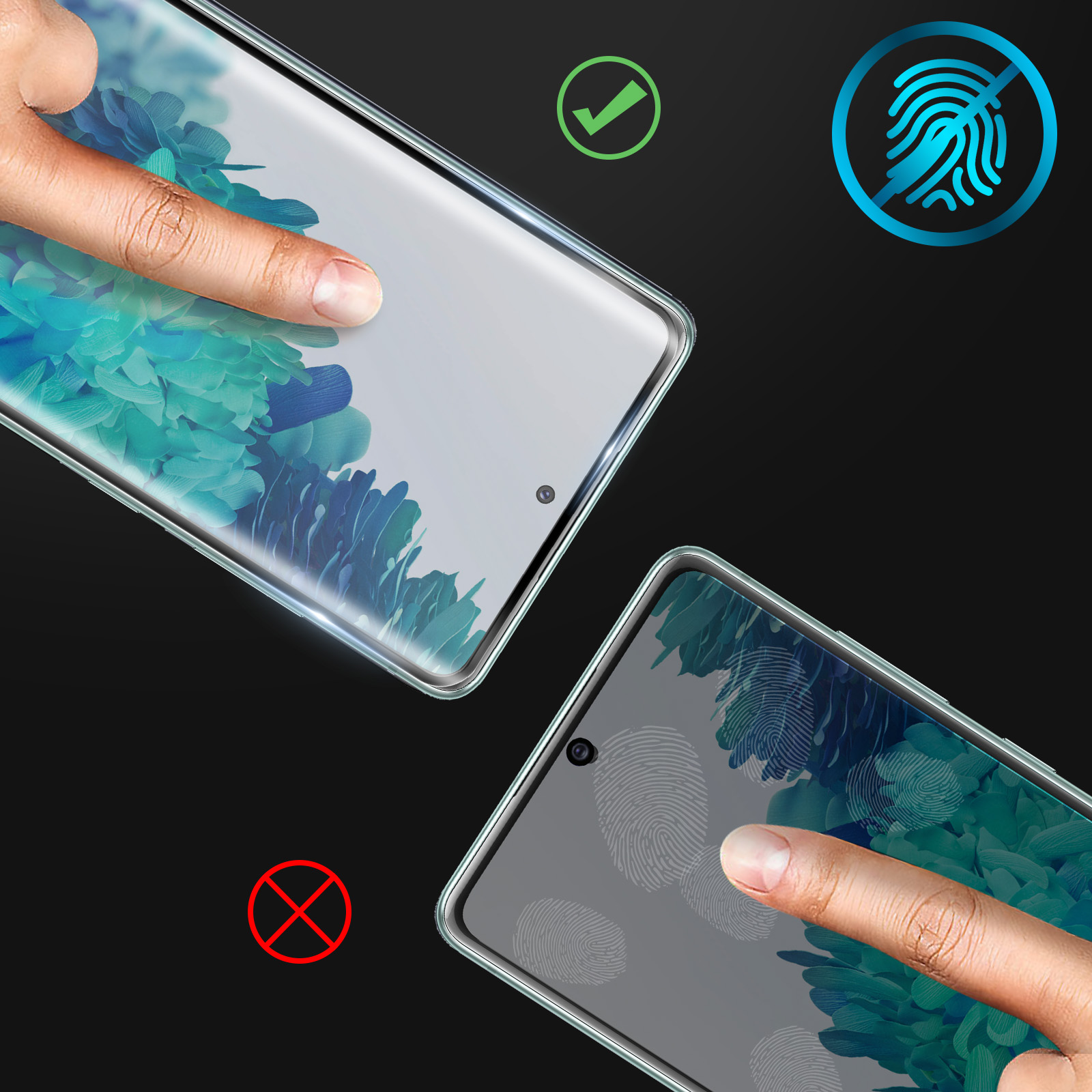 Due telefoni con protezioni schermo, uno pulito, uno con impronte digitali. Sono visibili un segno di spunta verde e una X rossa.