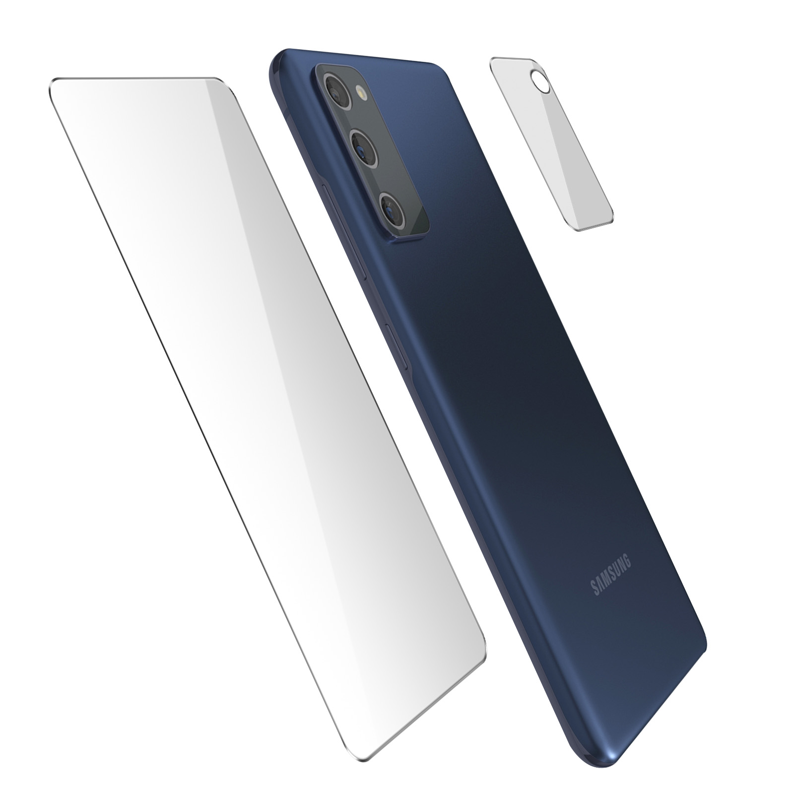 Un telefono blu e un proteggi schermo sono esposti. Il telefono ha più fotocamere.