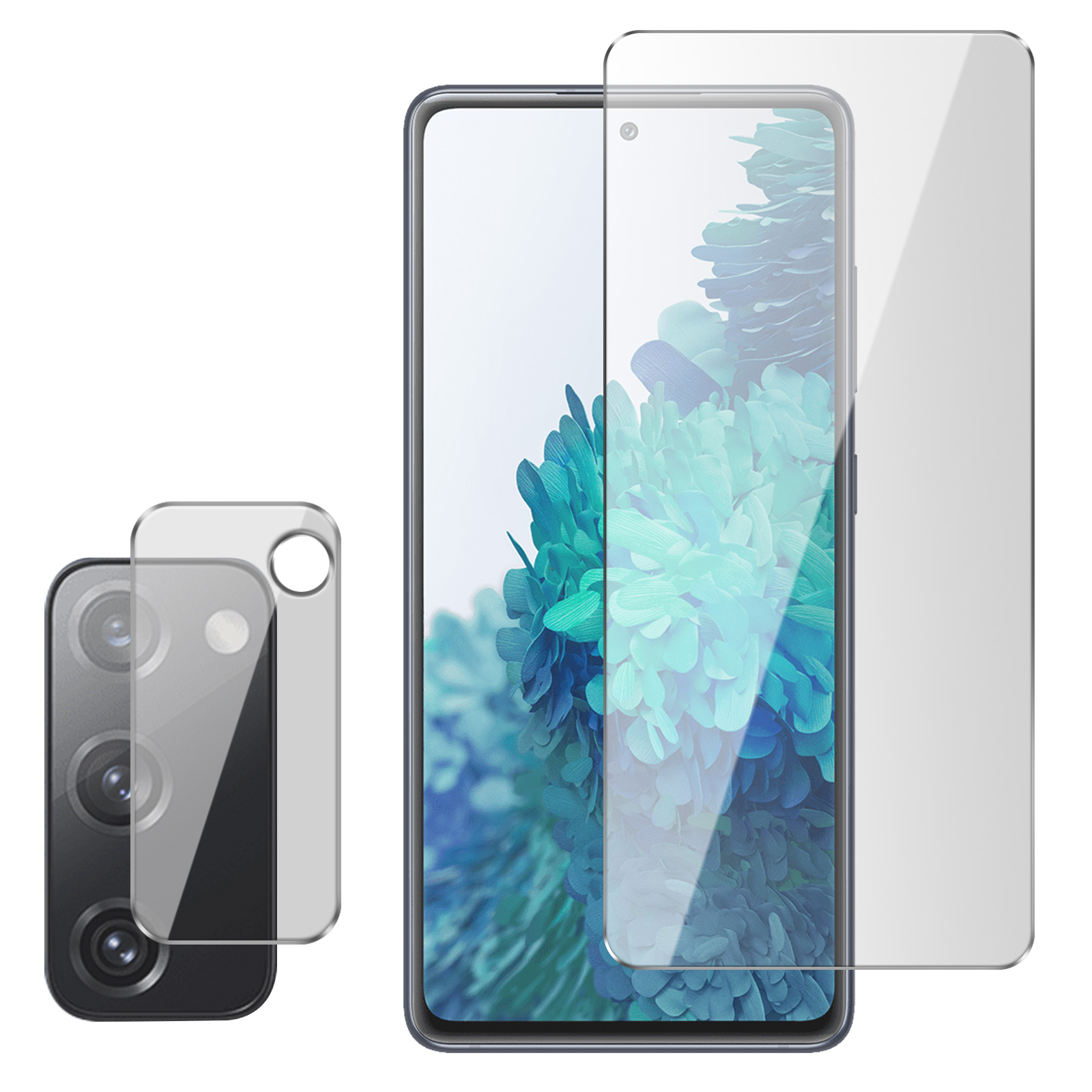 Protezioni per schermo del telefono e protezioni per lenti della fotocamera su sfondo bianco. È presente anche un telefono.