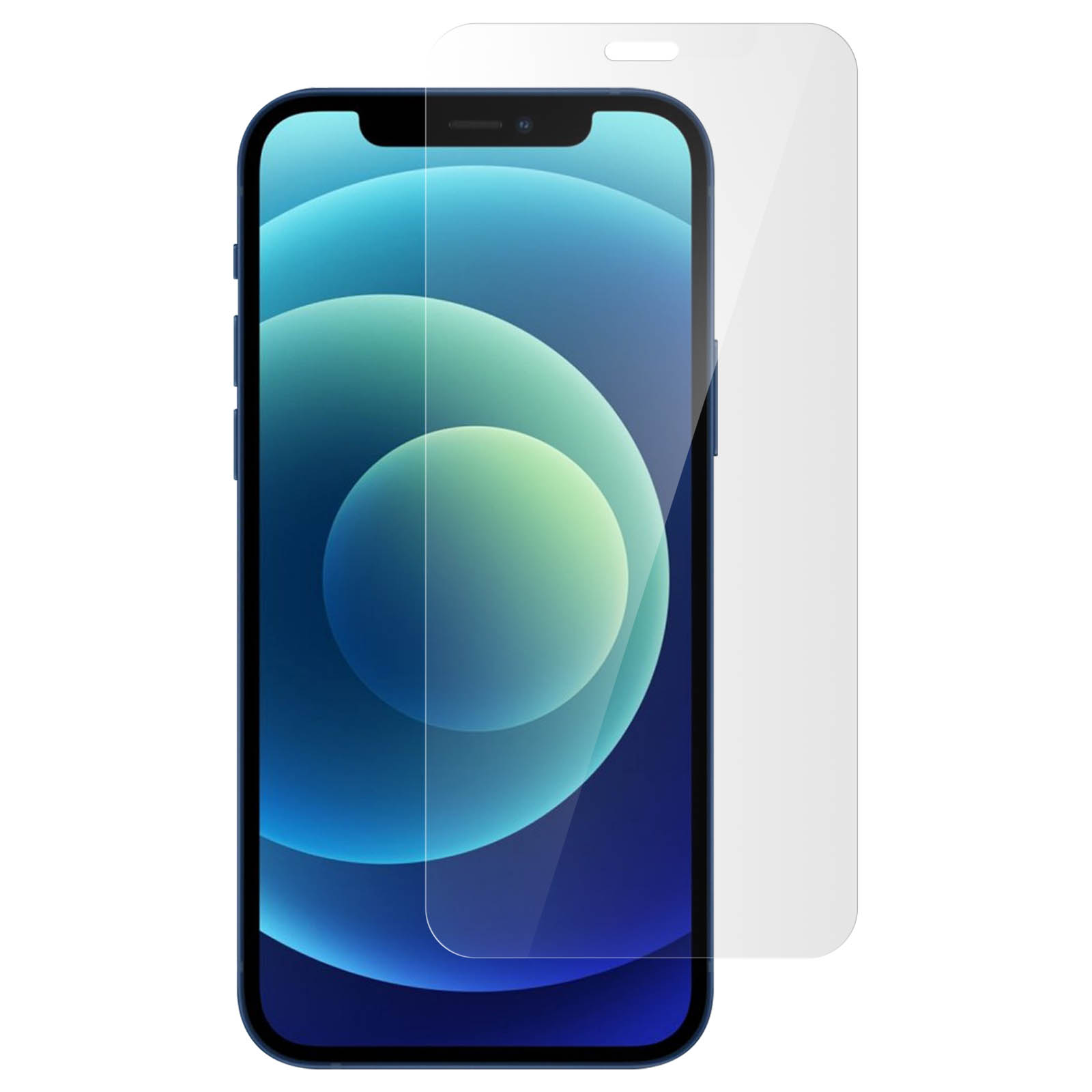 Telefoon met schermbeschermer. Telefoon is blauw. Beschermer is helder.