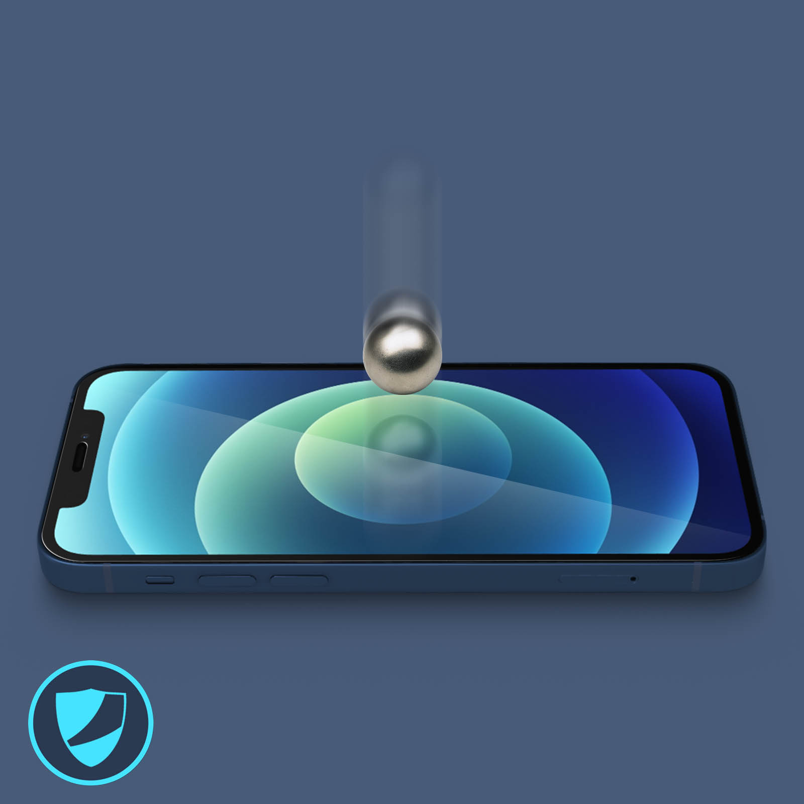Telefoonscherm met een blauwe achtergrond. Een zilveren bal valt naar het scherm met een schildpictogram.