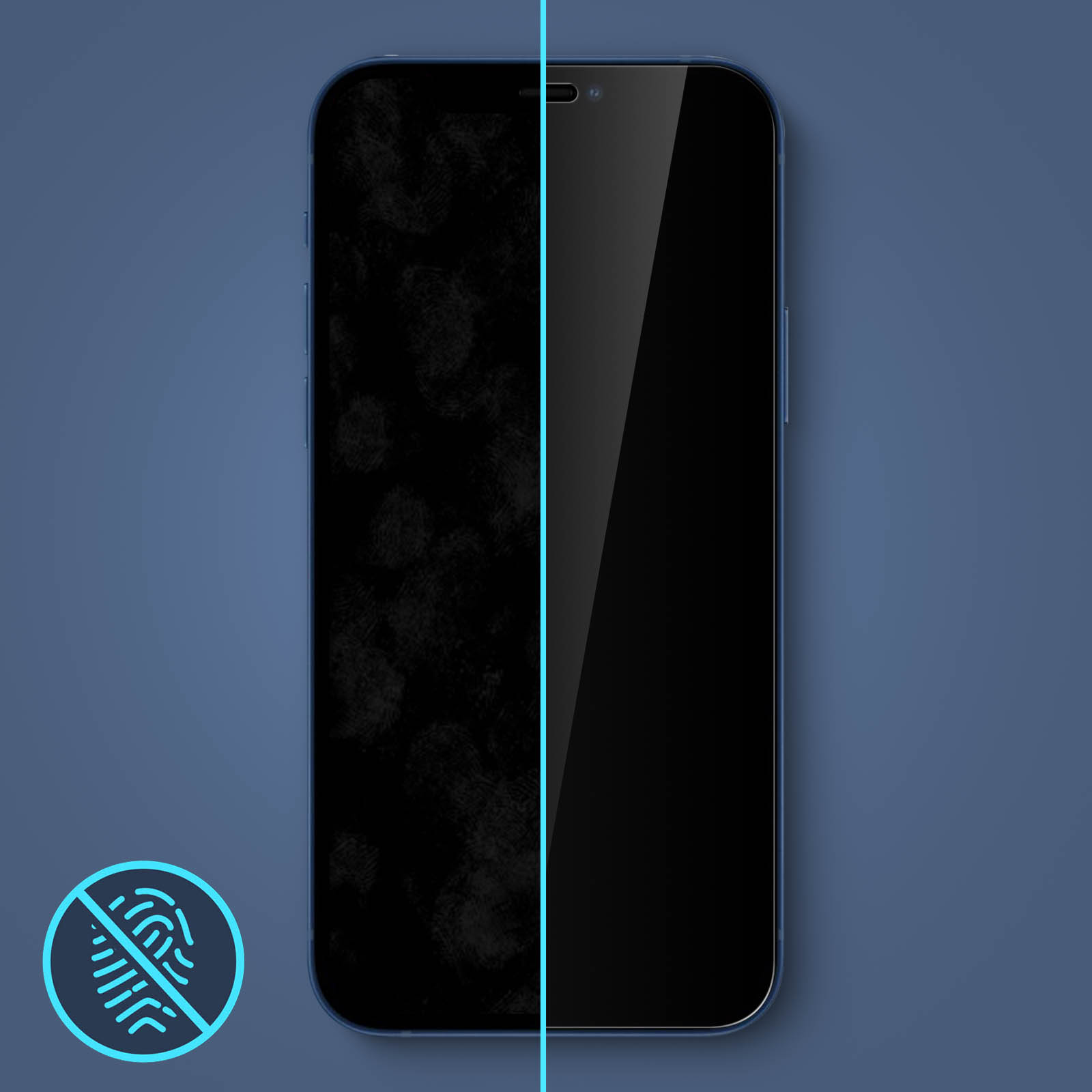 Telefoonscherm met schone en vuile kanten, met een vingerafdrukpictogram op een blauwe achtergrond.