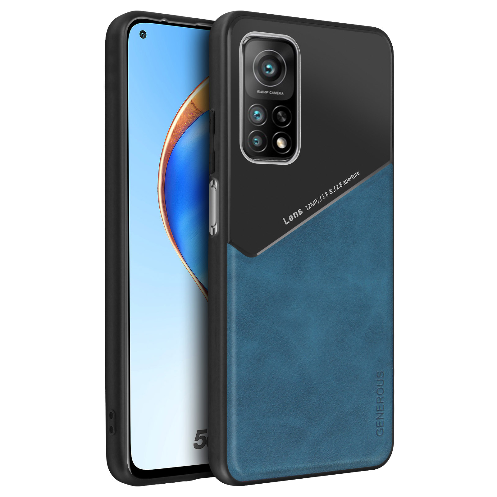 Telefono in custodia, nero e blu, con dettagli della fotocamera, su sfondo bianco.