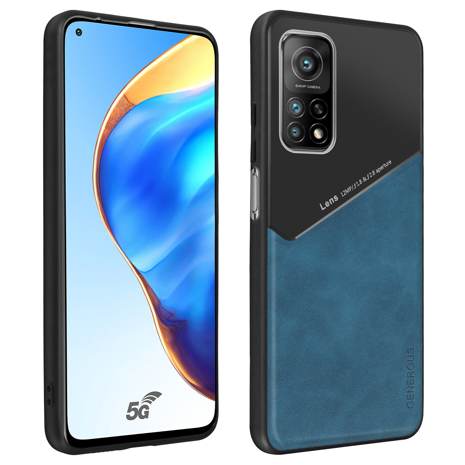 Smartphone in custodia su superficie bianca. Mostra schermo e retro con dettagli fotocamera.