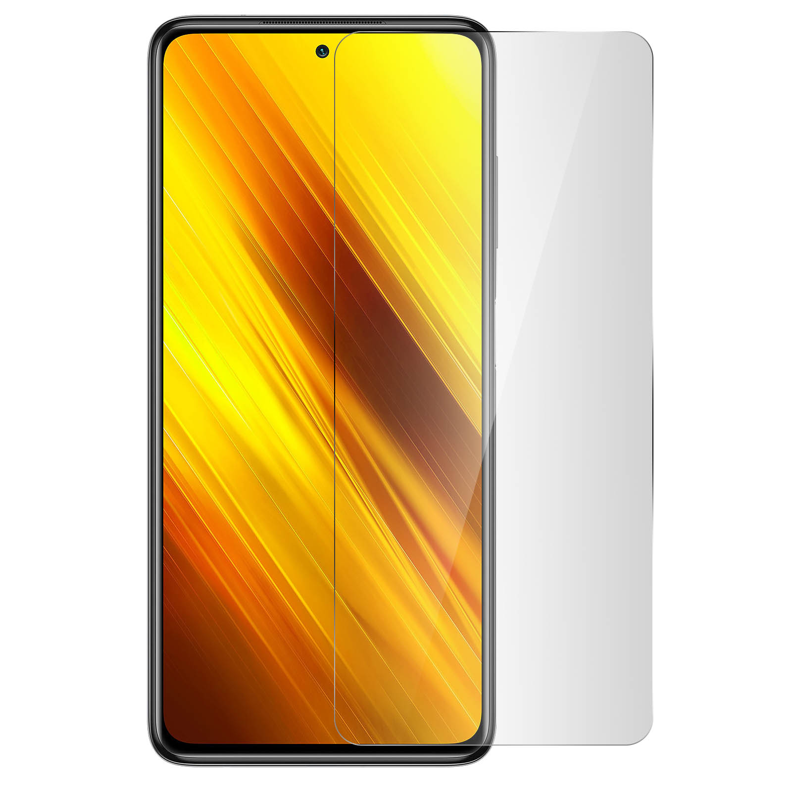 Un téléphone avec un protecteur d'écran jaune appliqué. Le téléphone a un cadre noir.
