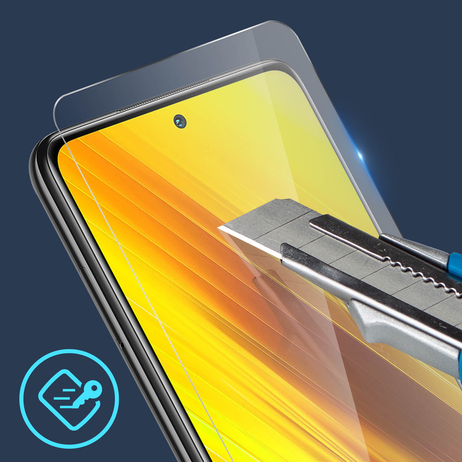 Un protecteur d'écran de téléphone est coupé avec un rasoir. Le téléphone a un écran jaune et une icône de protection bleue.