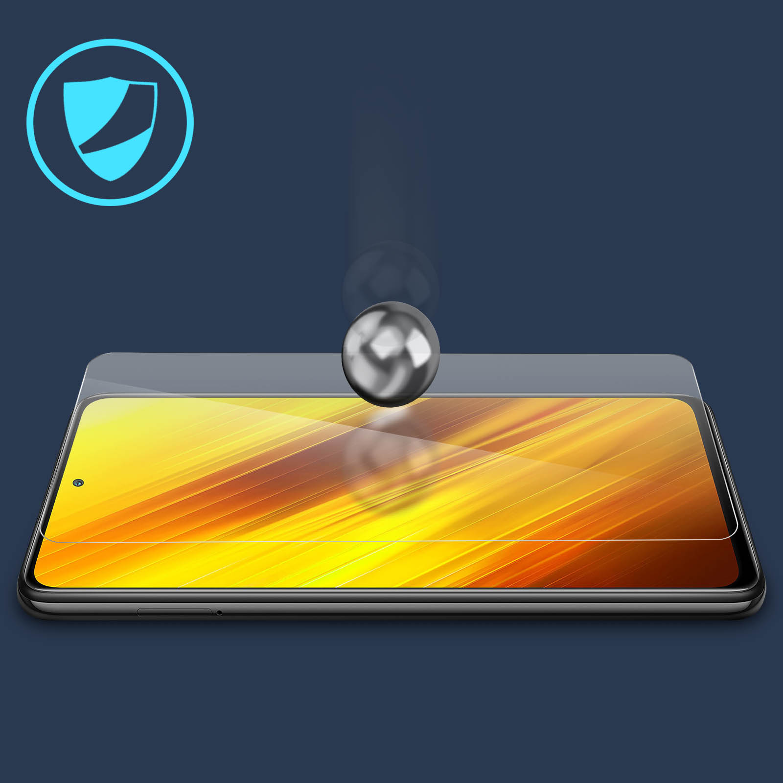 Écran de téléphone avec un film protecteur et une boule de métal qui tombe. Fond bleu.