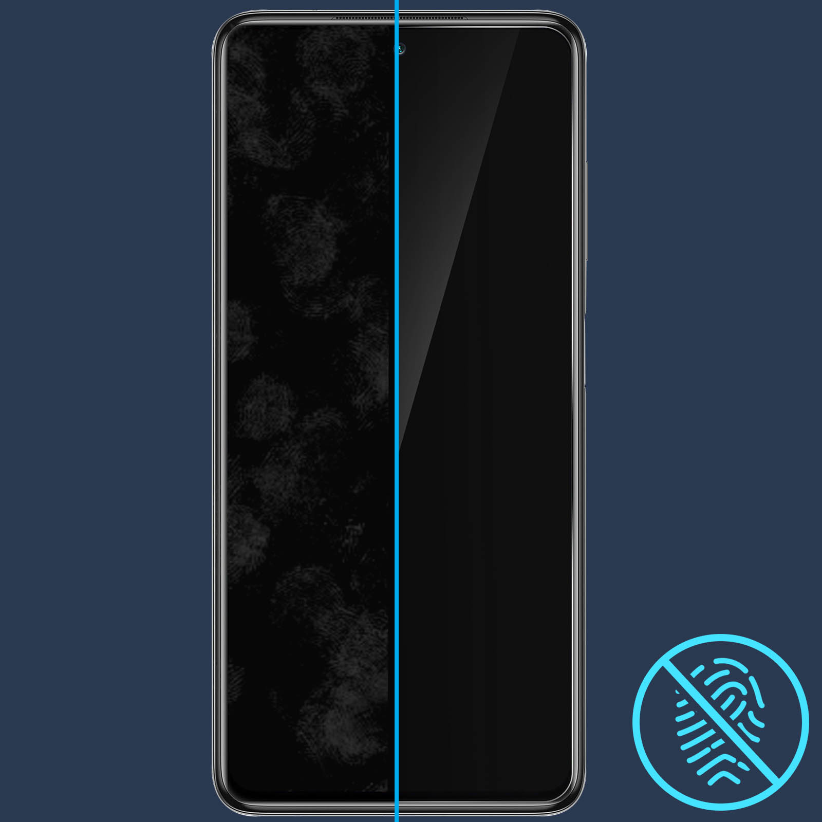 Écran de téléphone avec empreintes digitales à gauche, propre à droite. Fond bleu et icône d'empreinte digitale.