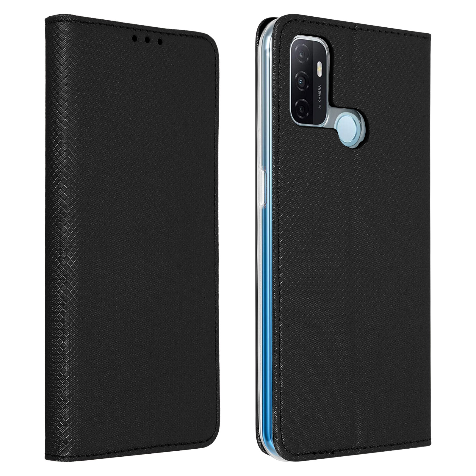 Custodia per telefono nera, due viste. Una mostra la cover aperta, rivelando il telefono, l'altra il retro.