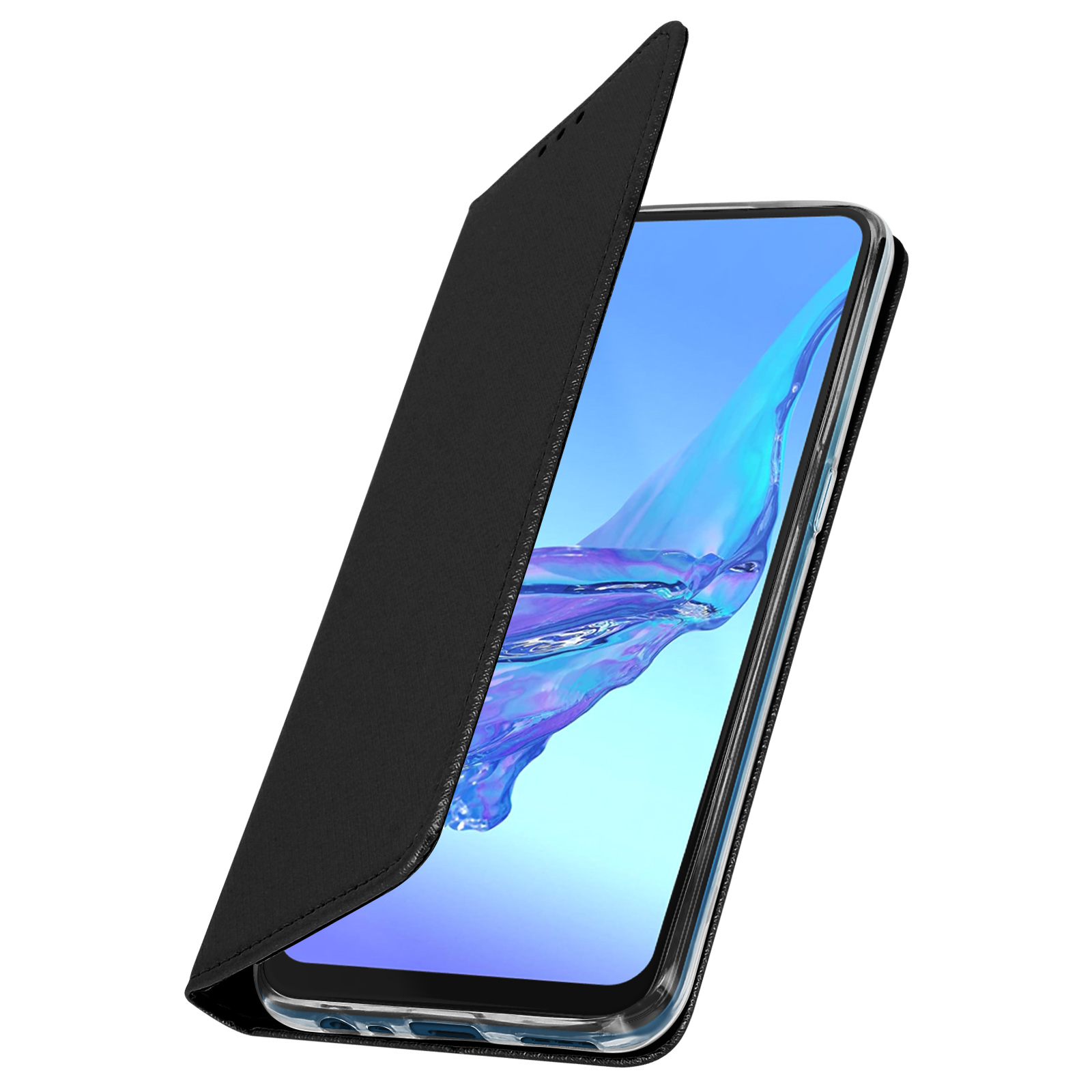 Custodia nera per telefono con copertina a ribalta aperta, che mostra un telefono. Lo schermo del telefono è visibile.