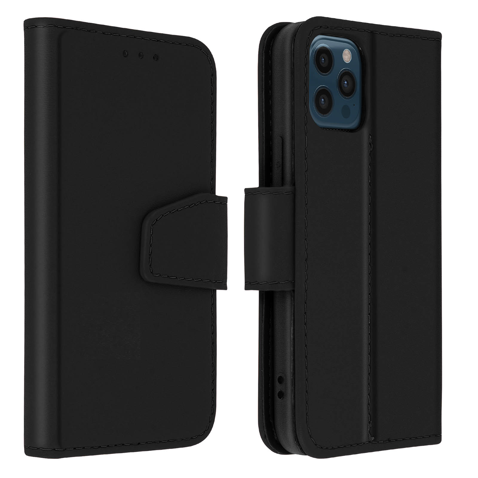 Twee zwarte leren telefoonhoesjes, één gesloten, één open, op een witte achtergrond.