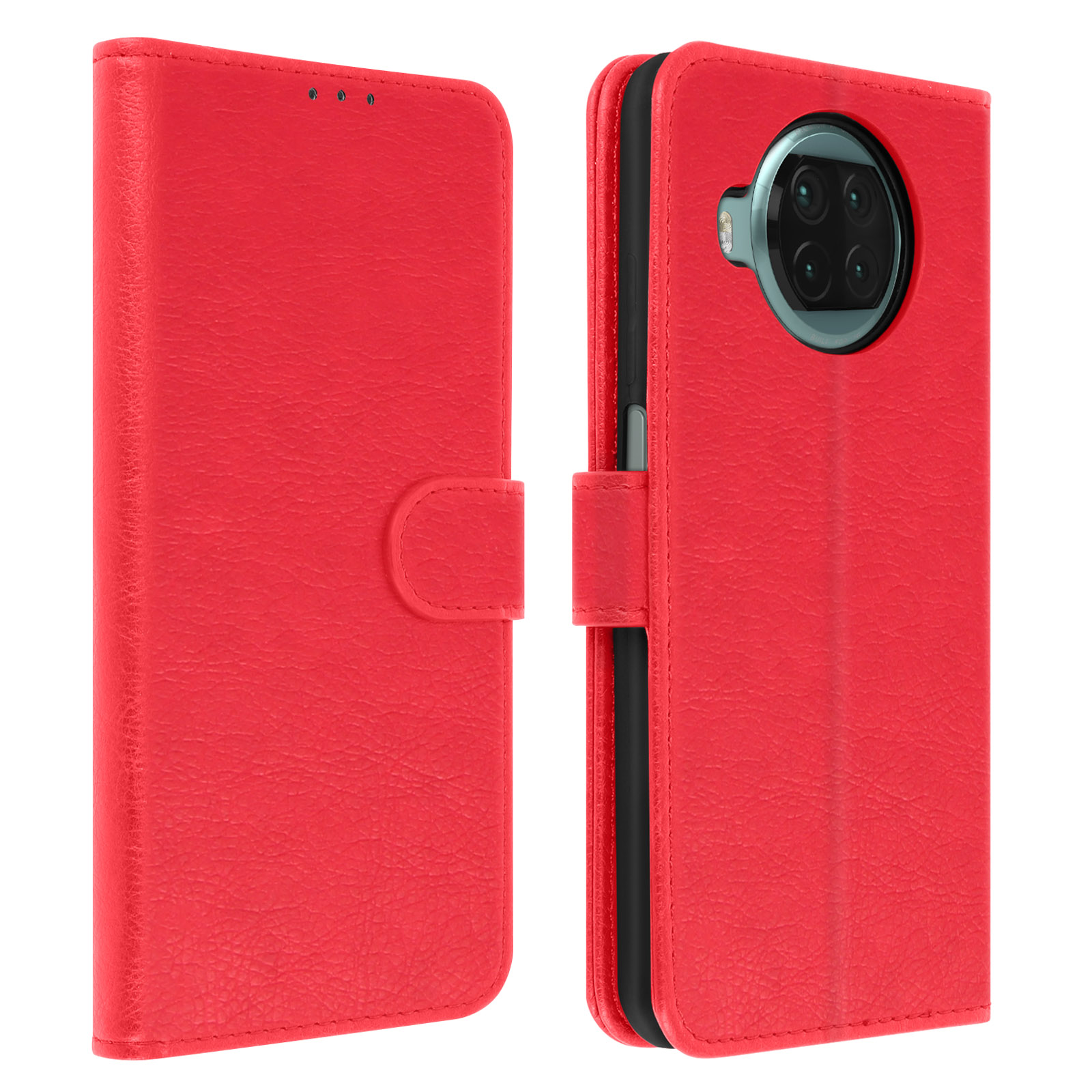 Custodia rossa per telefono, aperta e chiusa. Con chiusura, l'interno mostra un ritaglio per la fotocamera. Texture similpelle.