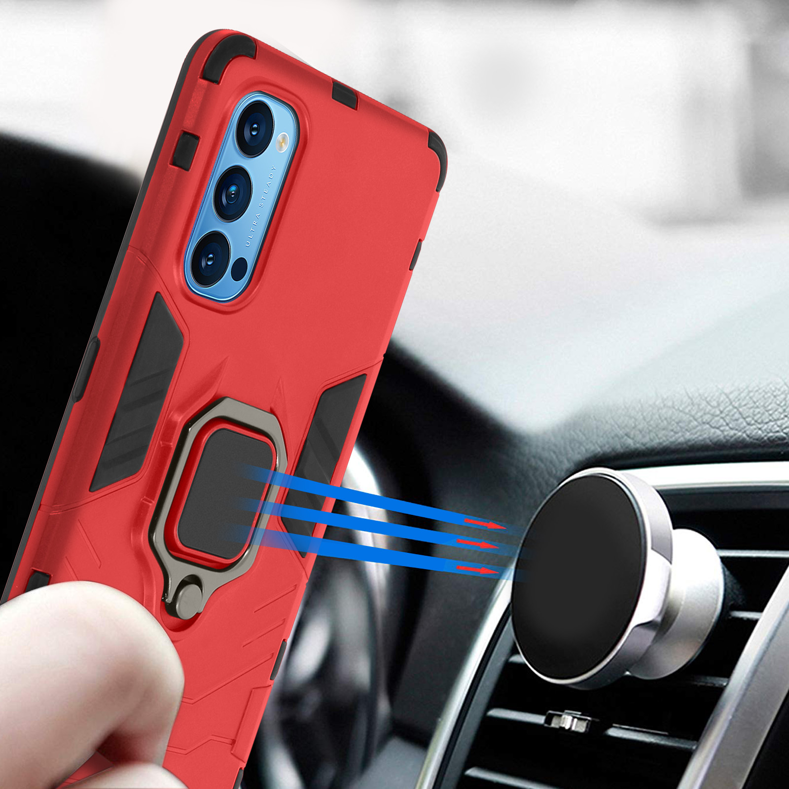 Custodia rossa con dettagli neri si attacca magneticamente a un supporto per bocchetta dell'auto. Mano visibile.