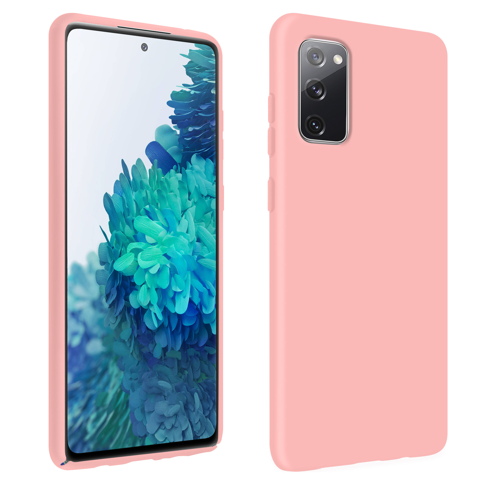 Coque de téléphone rose et téléphone avec un fond bleu. La coque est à droite.