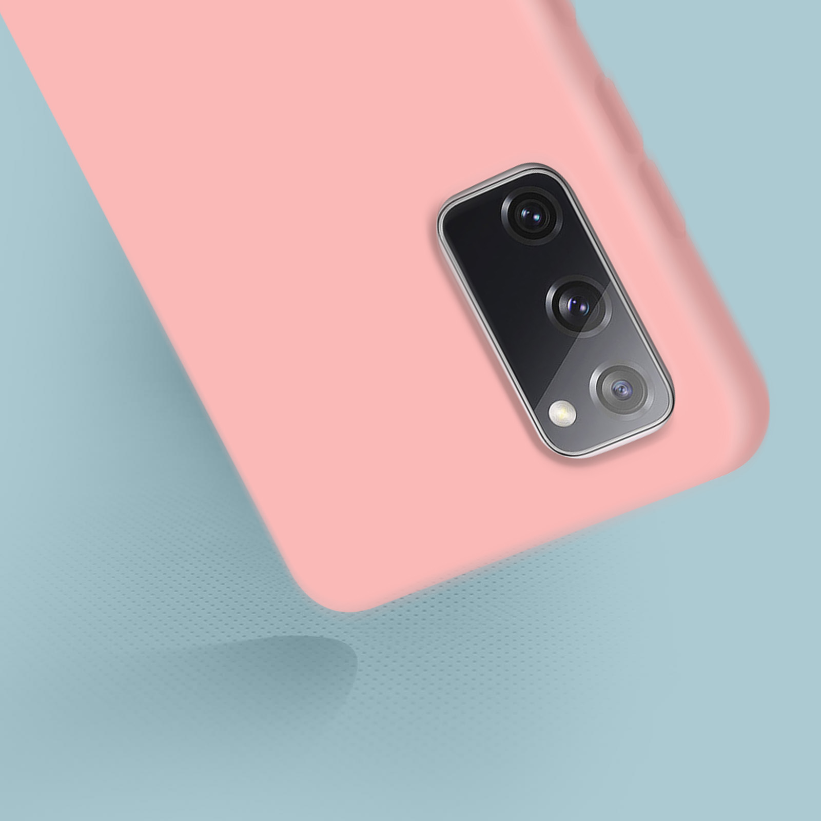 Een roze telefoonhoesje met een telefoon en camera's in het midden, op een blauwe achtergrond.