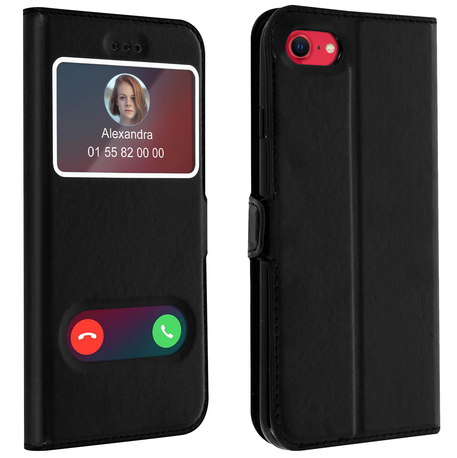 Due custodie nere per telefono, una con schermo di chiamata e una chiusa.
