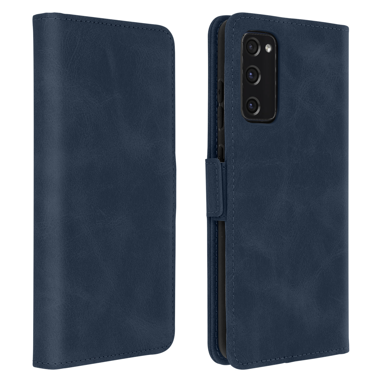 Un étui de téléphone bleu marine, ouvert et fermé. Le fond est blanc.