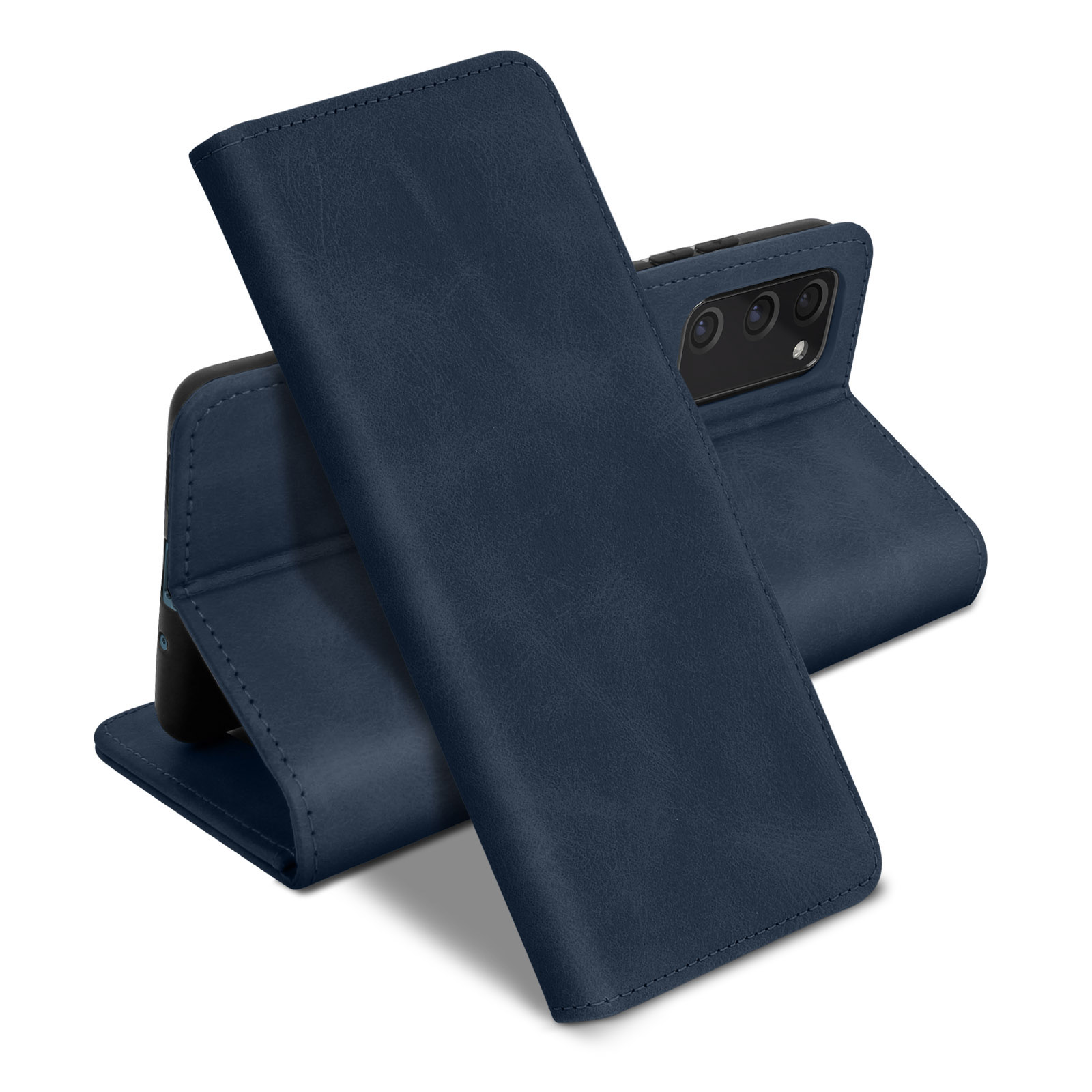 Coque de téléphone bleu foncé ouverte, révélant un téléphone. Fond blanc.