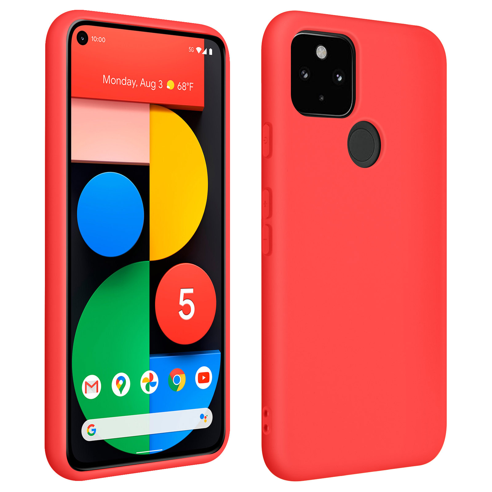 Un téléphone rouge et une coque rouge. Le téléphone affiche l'écran d'accueil.