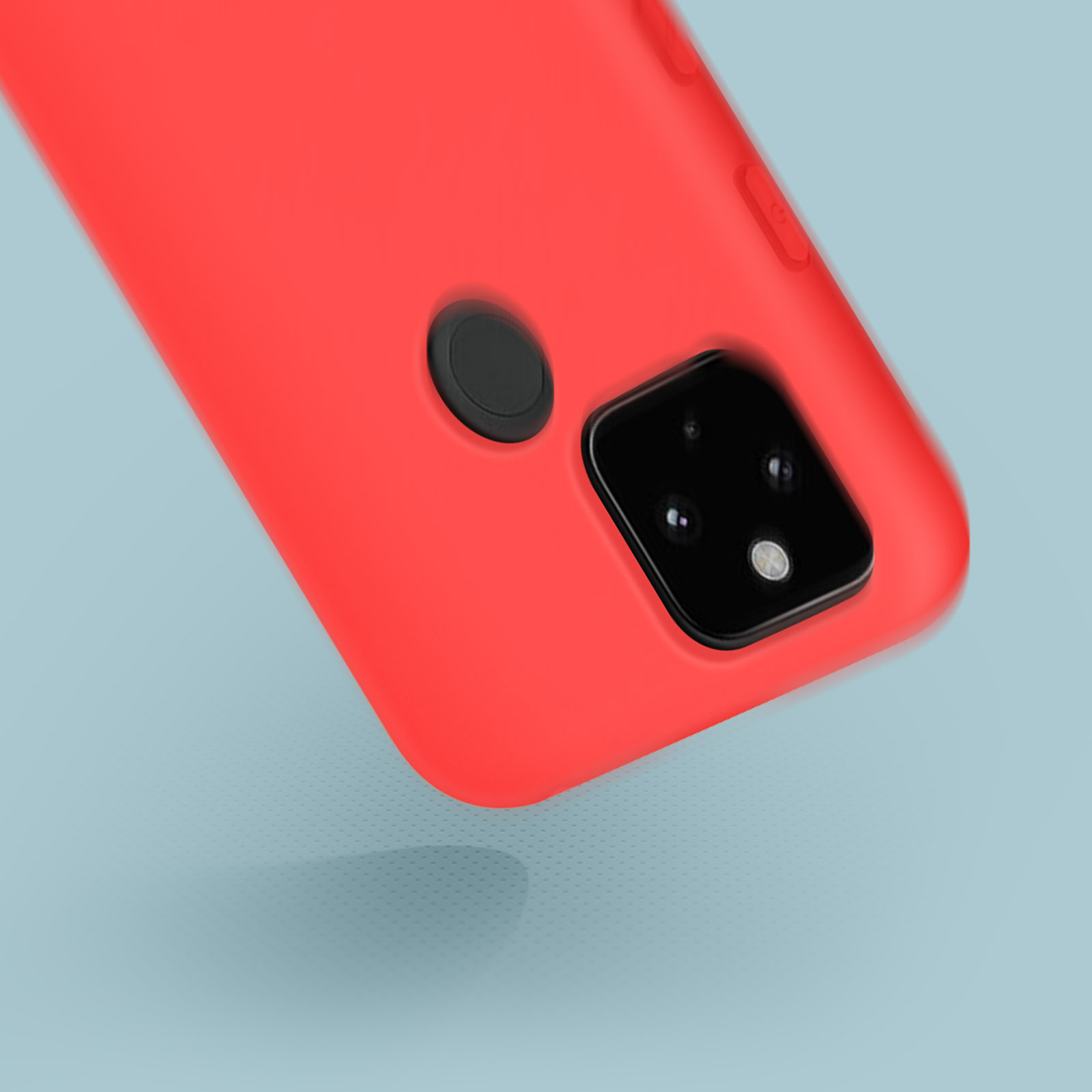 Coque de téléphone rouge avec découpe caméra et capteur circulaire noir sur fond bleu.