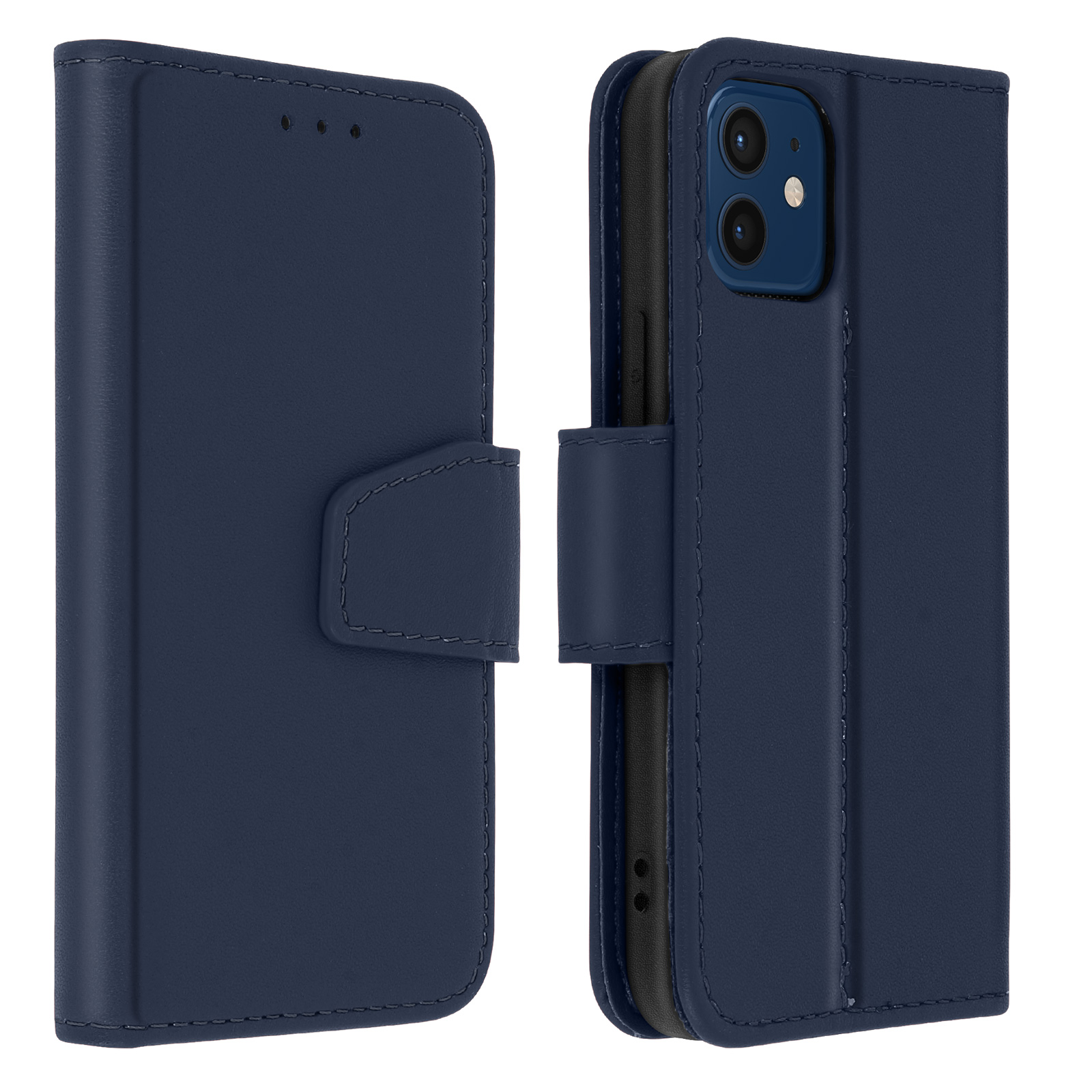 Una custodia blu per telefono, aperta e chiusa, con un telefono dentro.