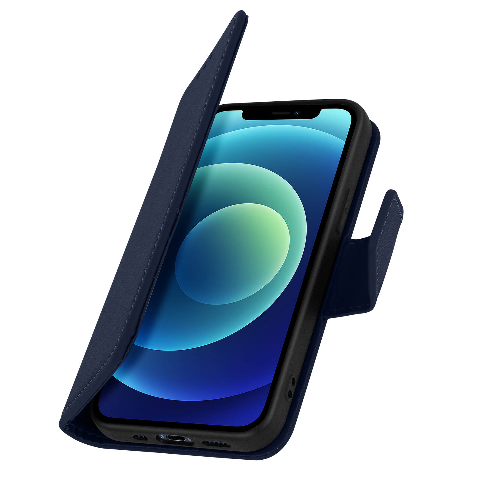 Una custodia blu per telefono è aperta, rivelando lo schermo del telefono. Sfondo bianco.