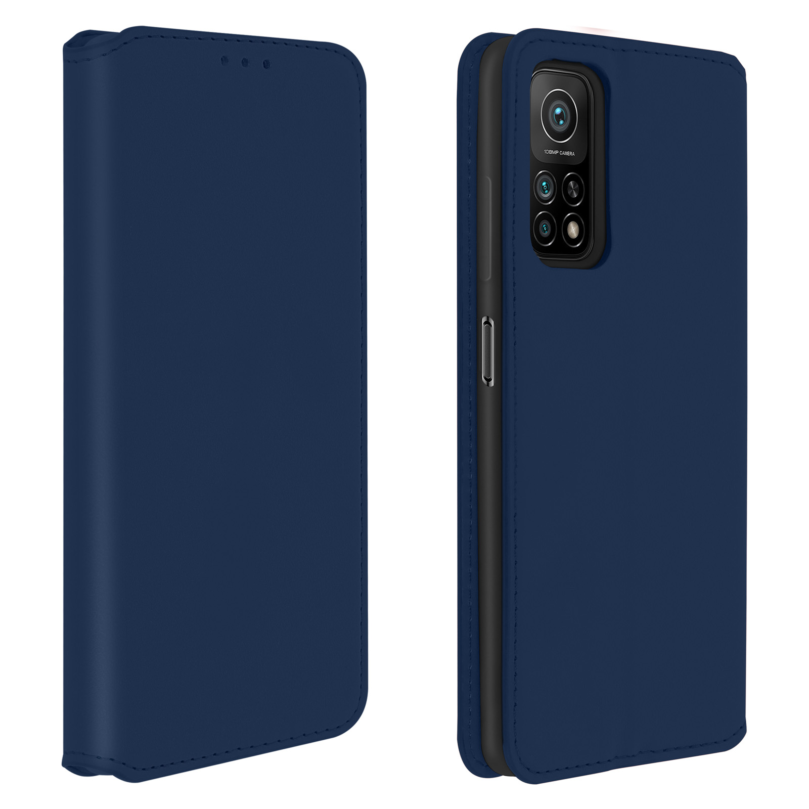 Étui de téléphone bleu marine avec téléphone à l'intérieur. L'étui a un rabat. Le fond est blanc.