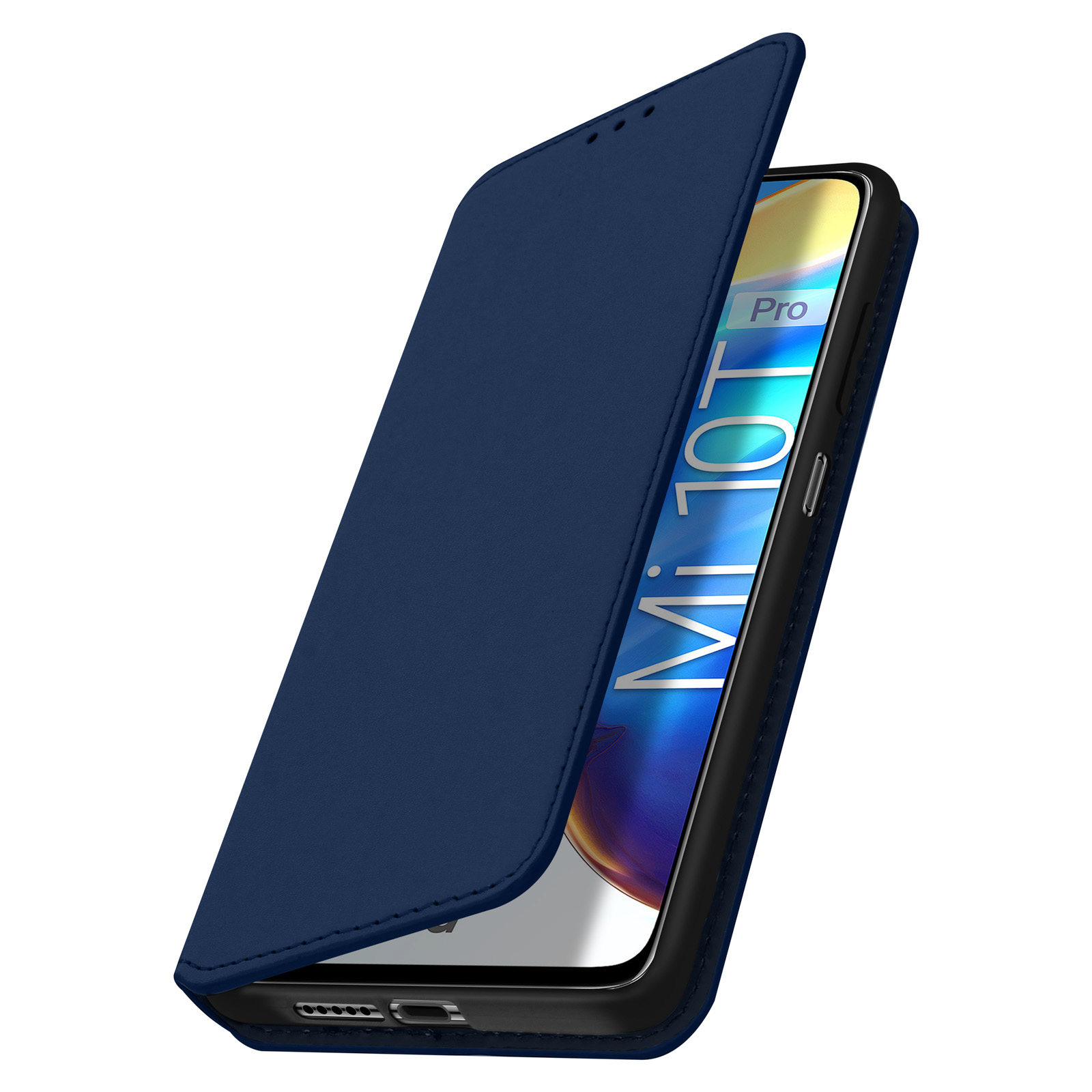 Un étui de téléphone bleu est ouvert, révélant un téléphone avec un écran.