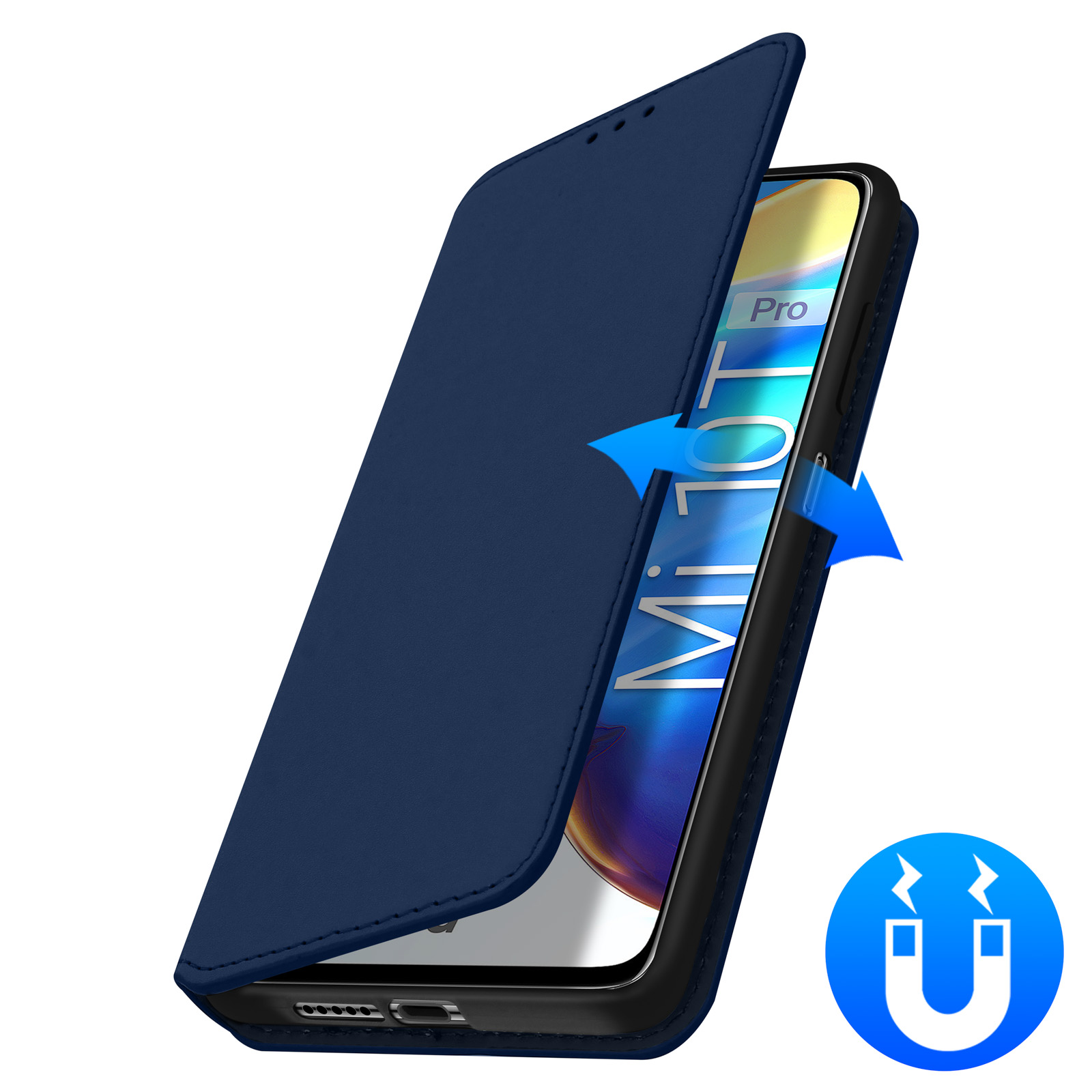 Étui de téléphone bleu s'ouvrant, flèches et symbole d'aimant. L'écran du téléphone affiche du texte. Fond blanc.