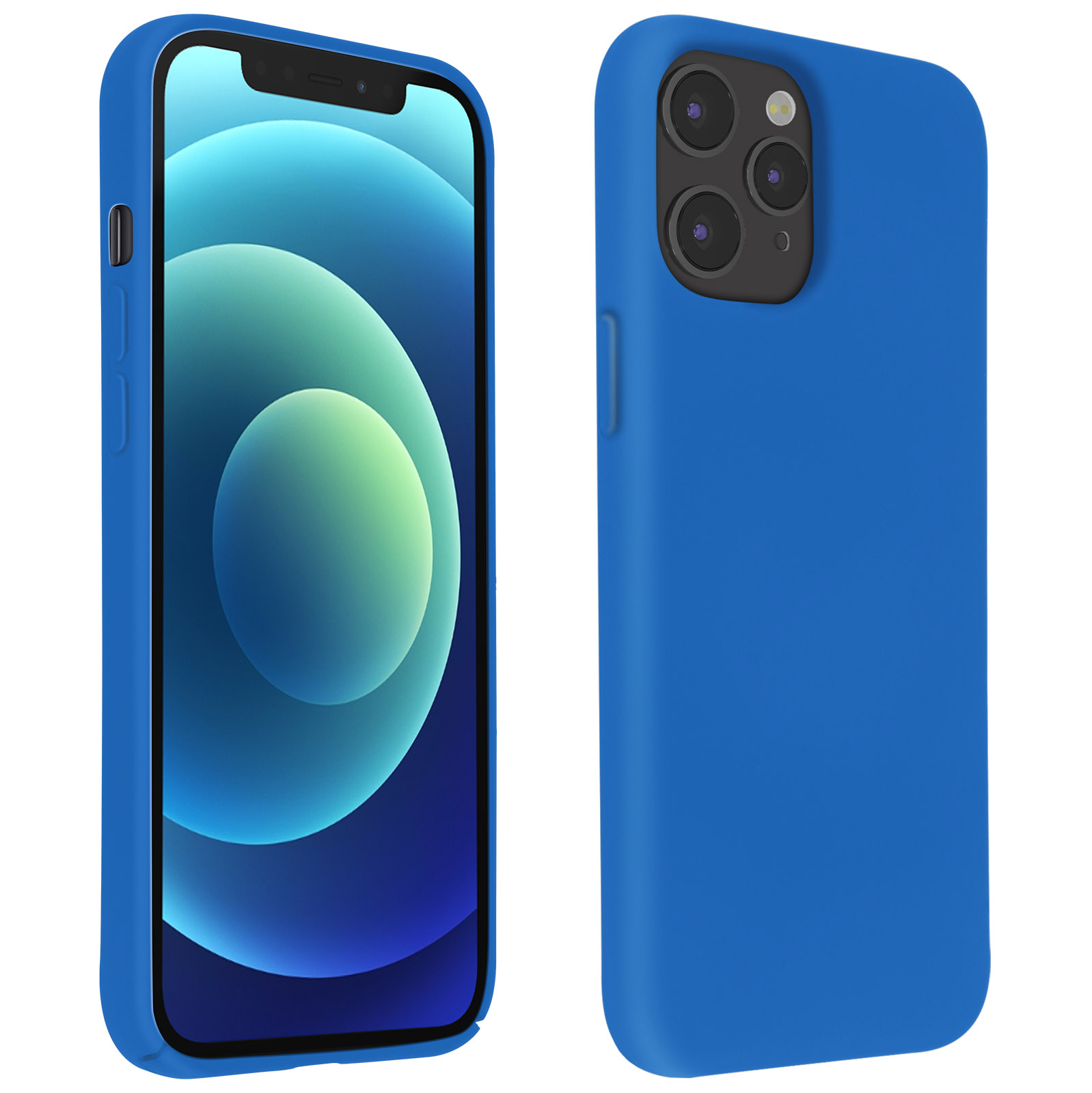 Blauwe telefoonhoes met een telefoon erin. De telefoon heeft een scherm. Twee afbeeldingen, verschillende hoeken.