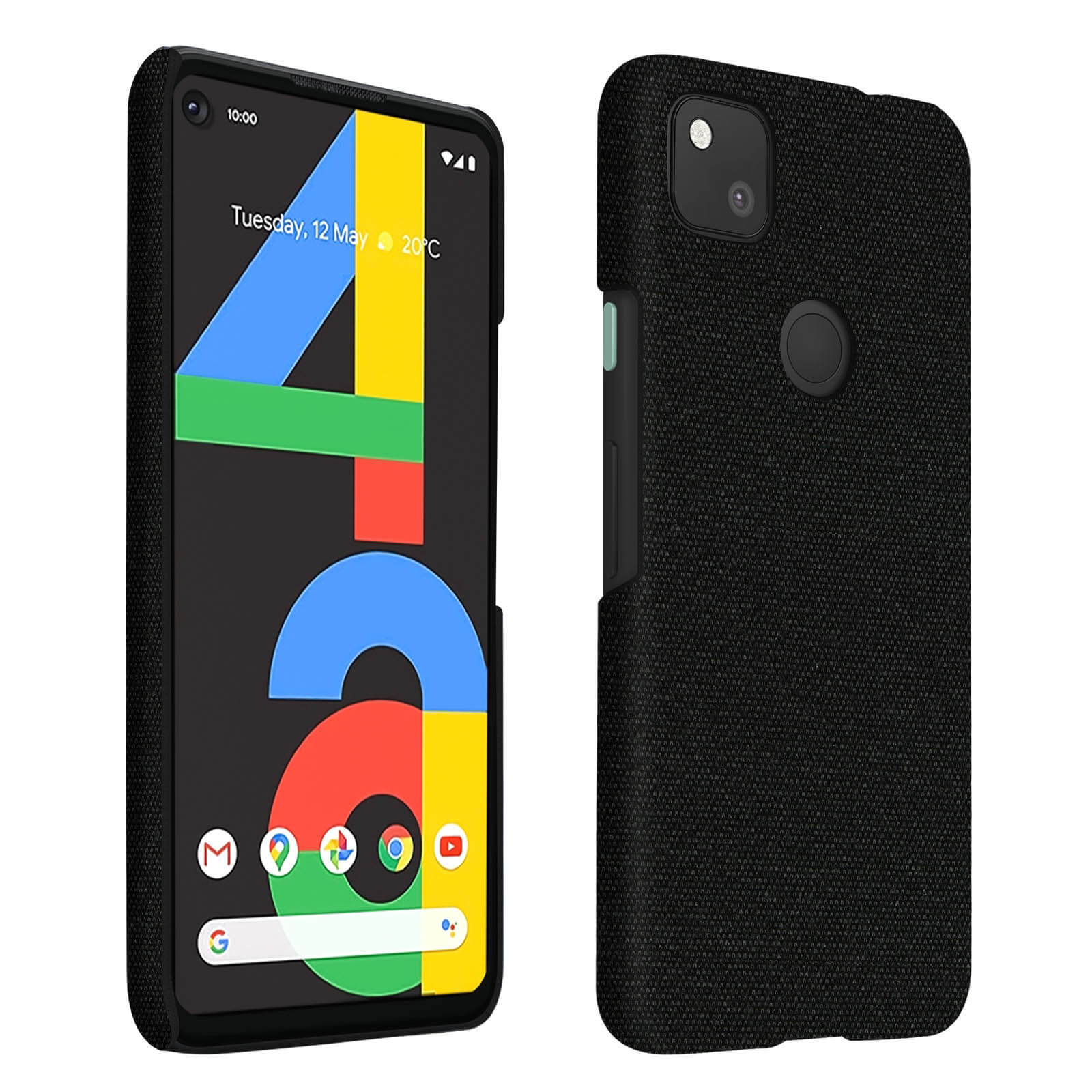 Coque de téléphone noire avec téléphone affichant un écran avec des icônes d'applications colorées. Fond uni.