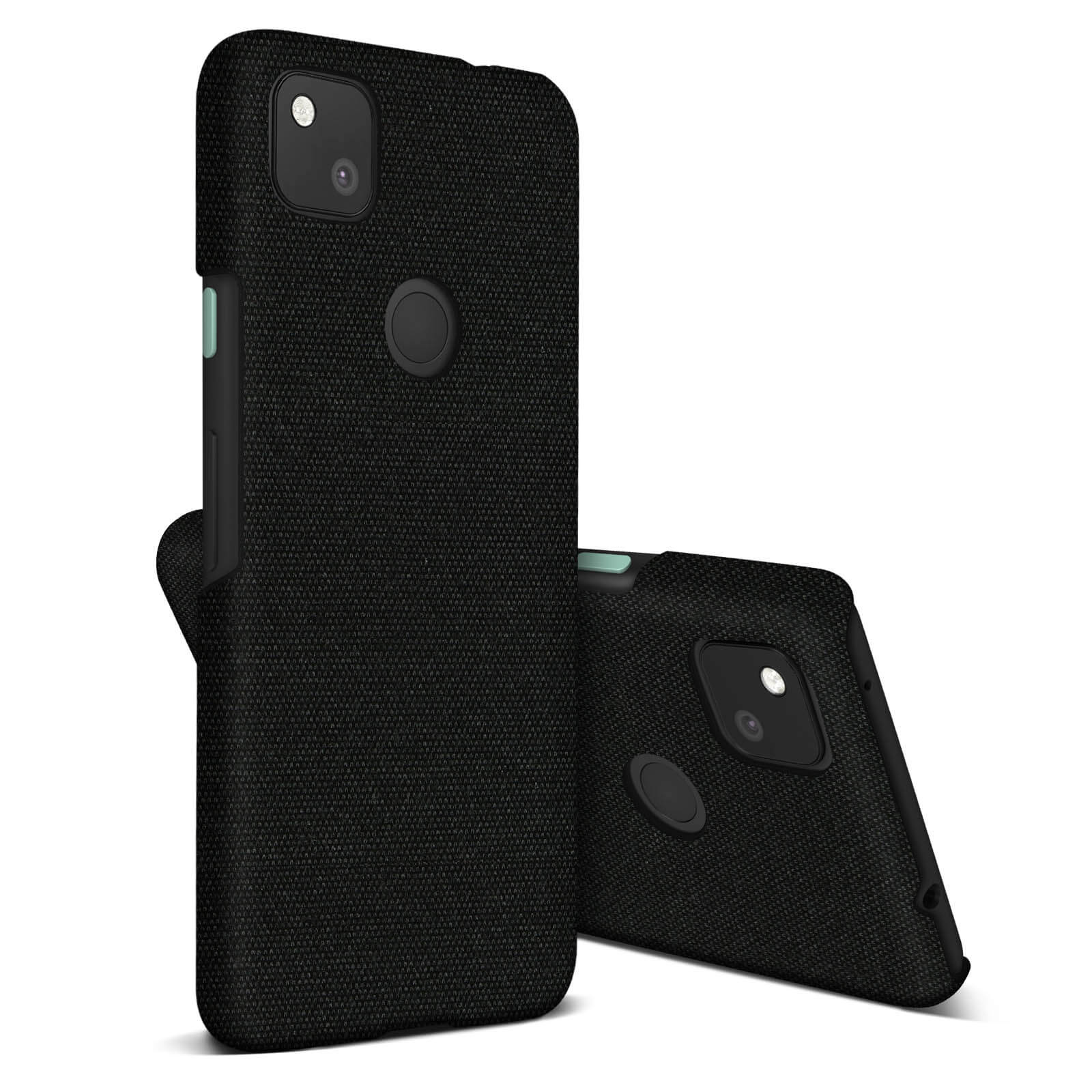 Coques de téléphone noires, deux coques appuyées l'une contre l'autre. Les coques sont noires, avec une texture.