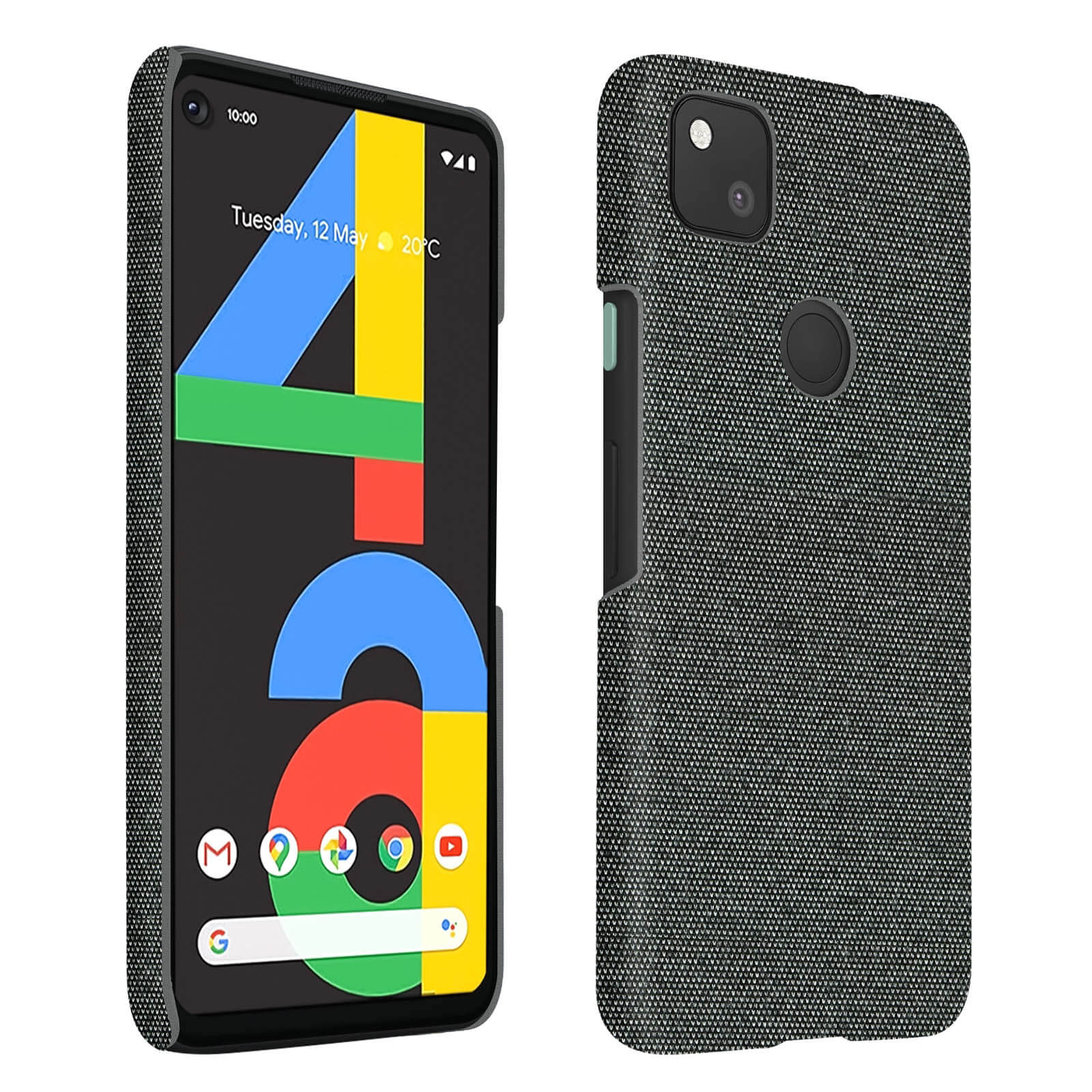 Telefoon met grijze hoes. Scherm toont tijd en pictogrammen. De hoes is getextureerd.