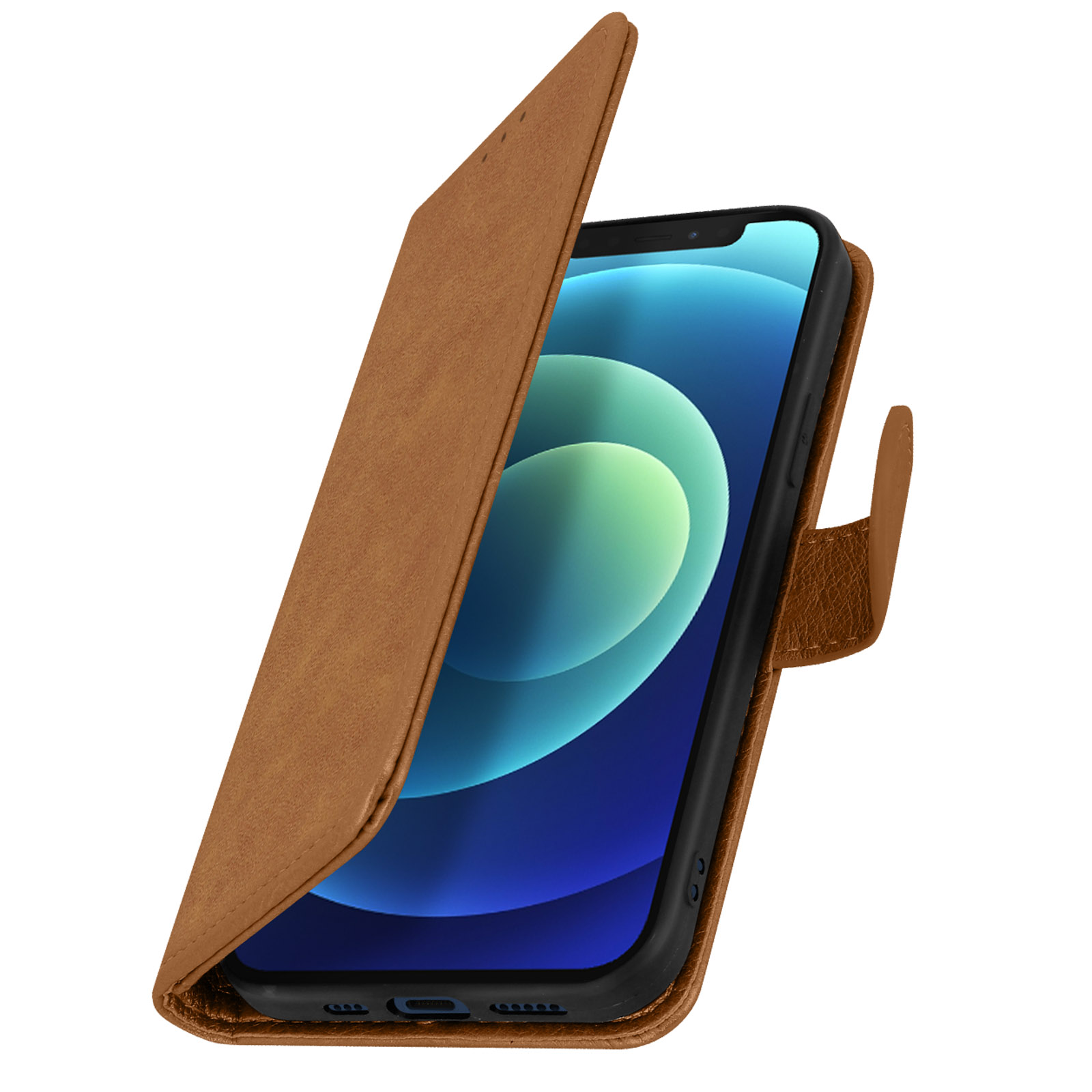 Étui de téléphone en cuir marron, ouvert, révélant l'écran du téléphone, isolé.