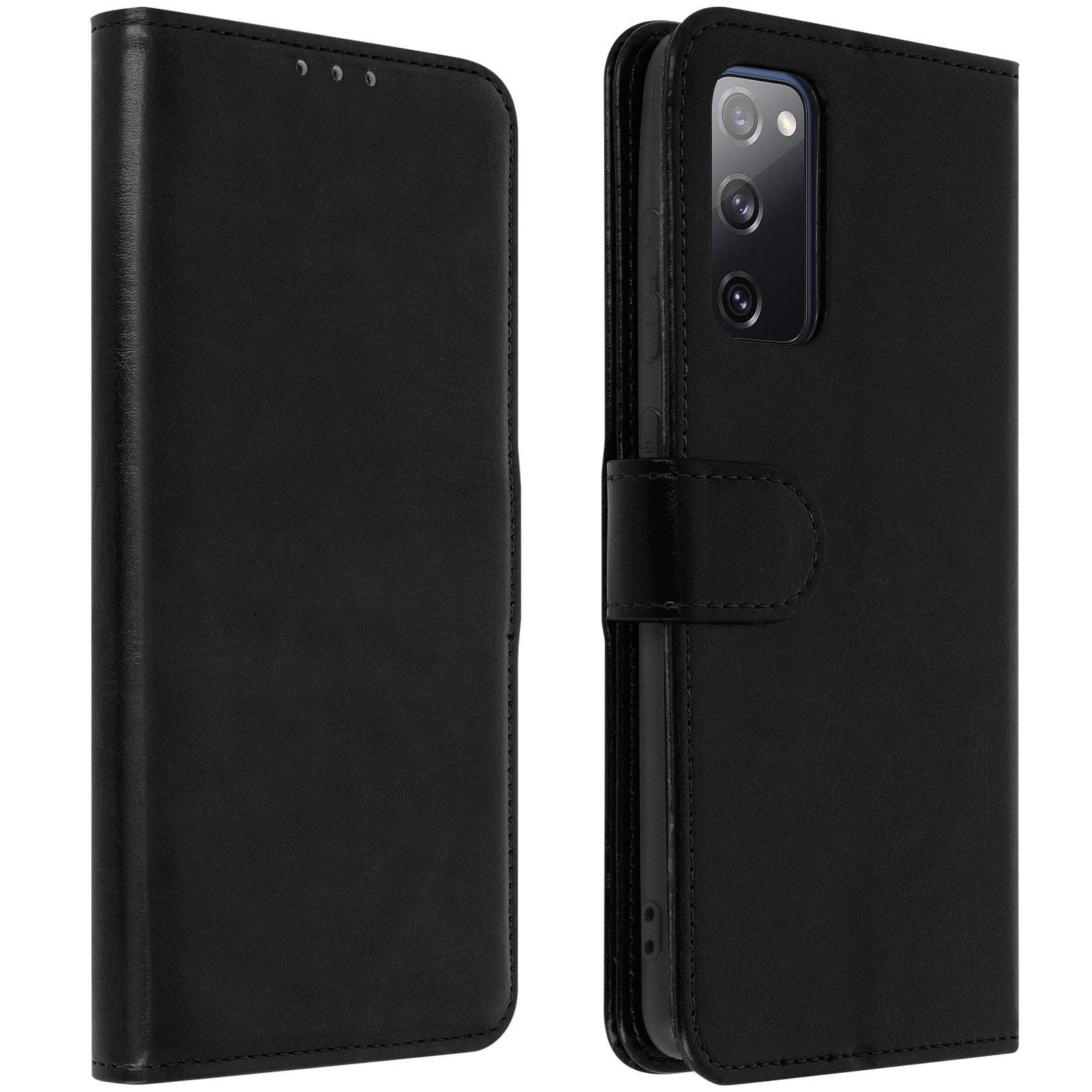 Custodia nera con un telefono all'interno. La custodia ha una chiusura. Sfondo semplice.
