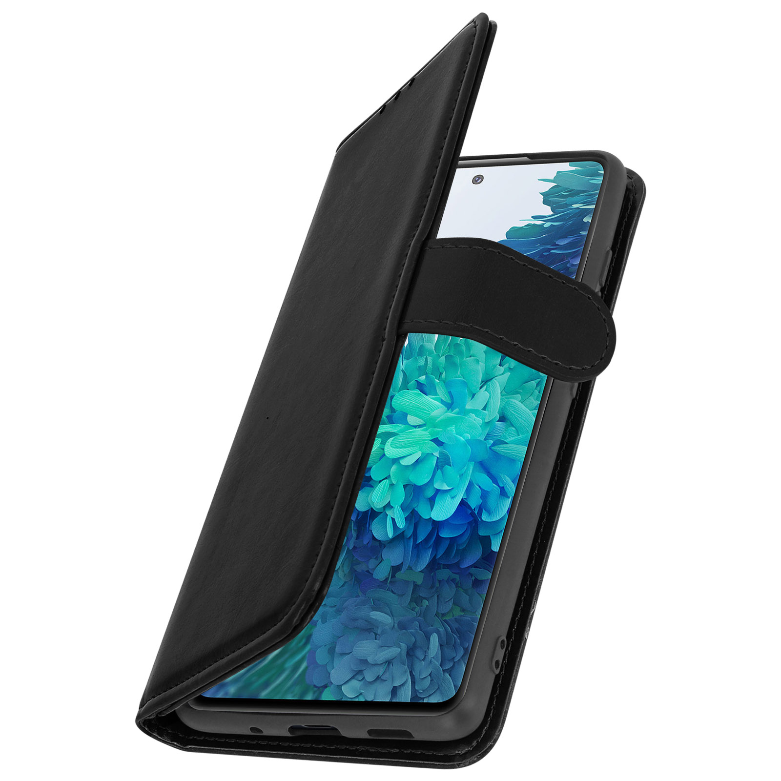 Un telefono nero si trova in una custodia in pelle nera aperta. Lo schermo mostra una grafica blu e verde.