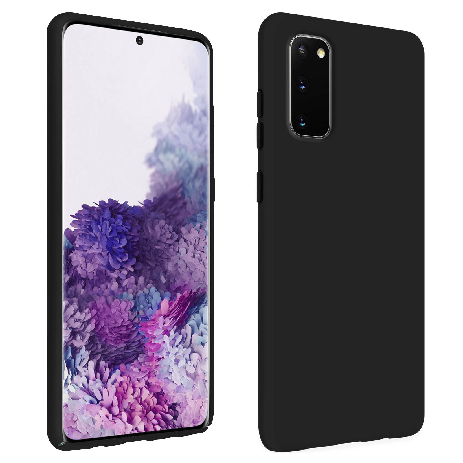 Telefono nero e custodia nera. Il telefono mostra uno sfondo floreale viola.