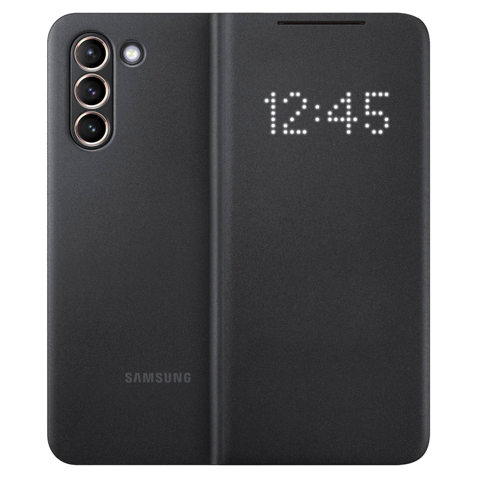 Custodia per telefono nera con schermo che mostra l'ora. Il telefono ha un logo Samsung.