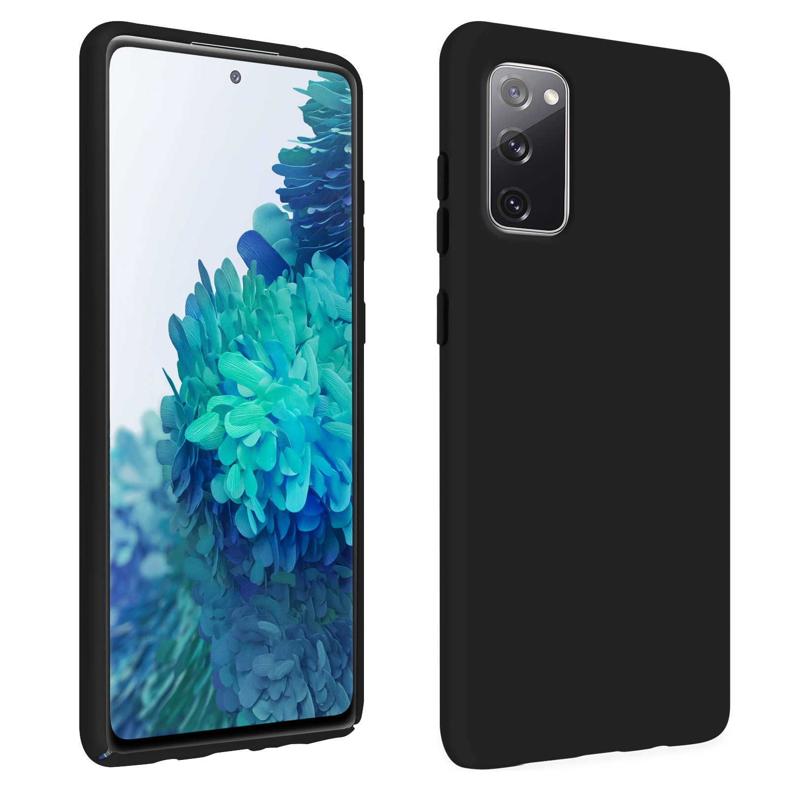 Zwarte telefoon met een zwarte hoes. De hoes zit rechts. Het scherm van de telefoon is zichtbaar.
