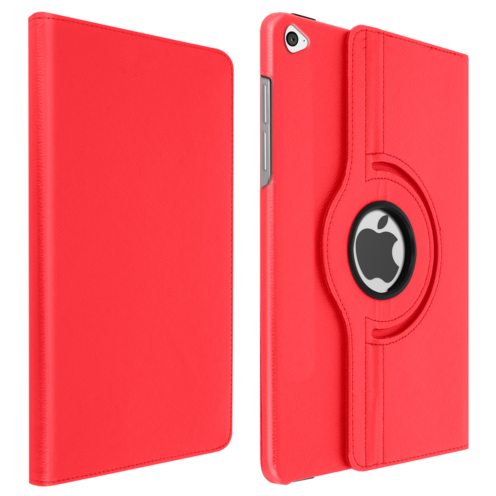 Custodia iPad rossa, aperta per mostrare il dispositivo. Logo Apple visibile. Sfondo bianco.